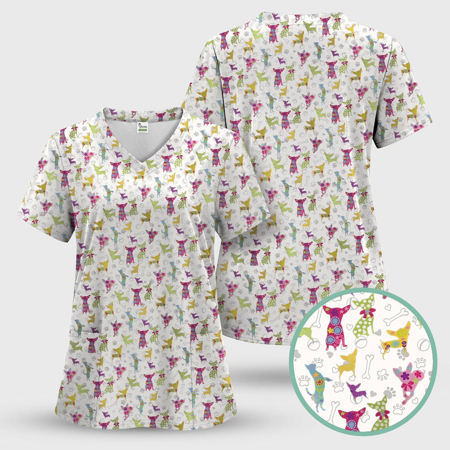 Colorful Playful Dog Print Nurse Scrub Top, Comfortable Scrubs for Nurses