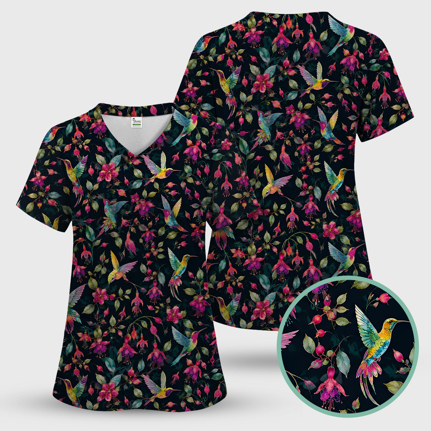 Hummingbird Fuchsia Bloom Pattern Scrub Top, Comfortable Scrubs for Nurses