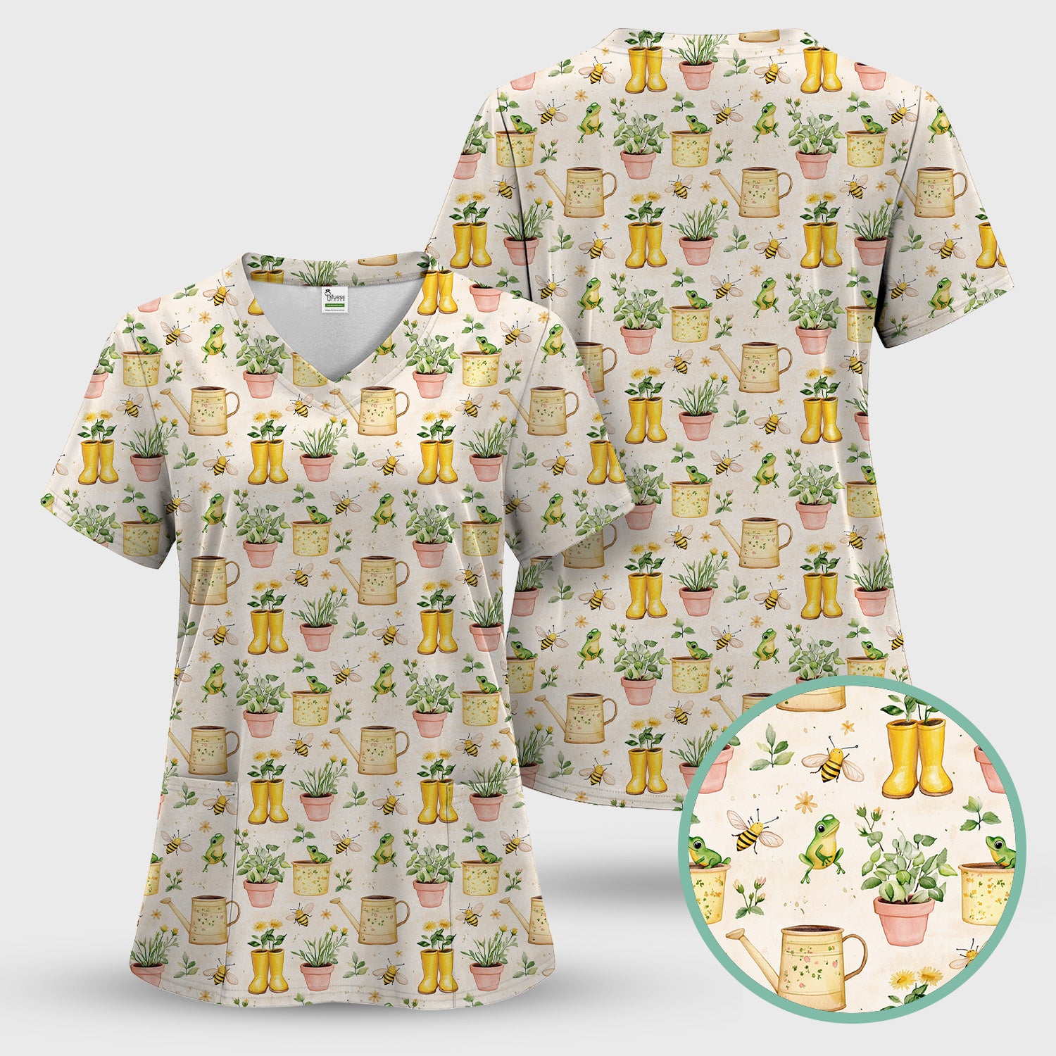 Cute Nurse Frog And Bee Garden Pattern Scrub Set, Scrub Pants and V Neck Top