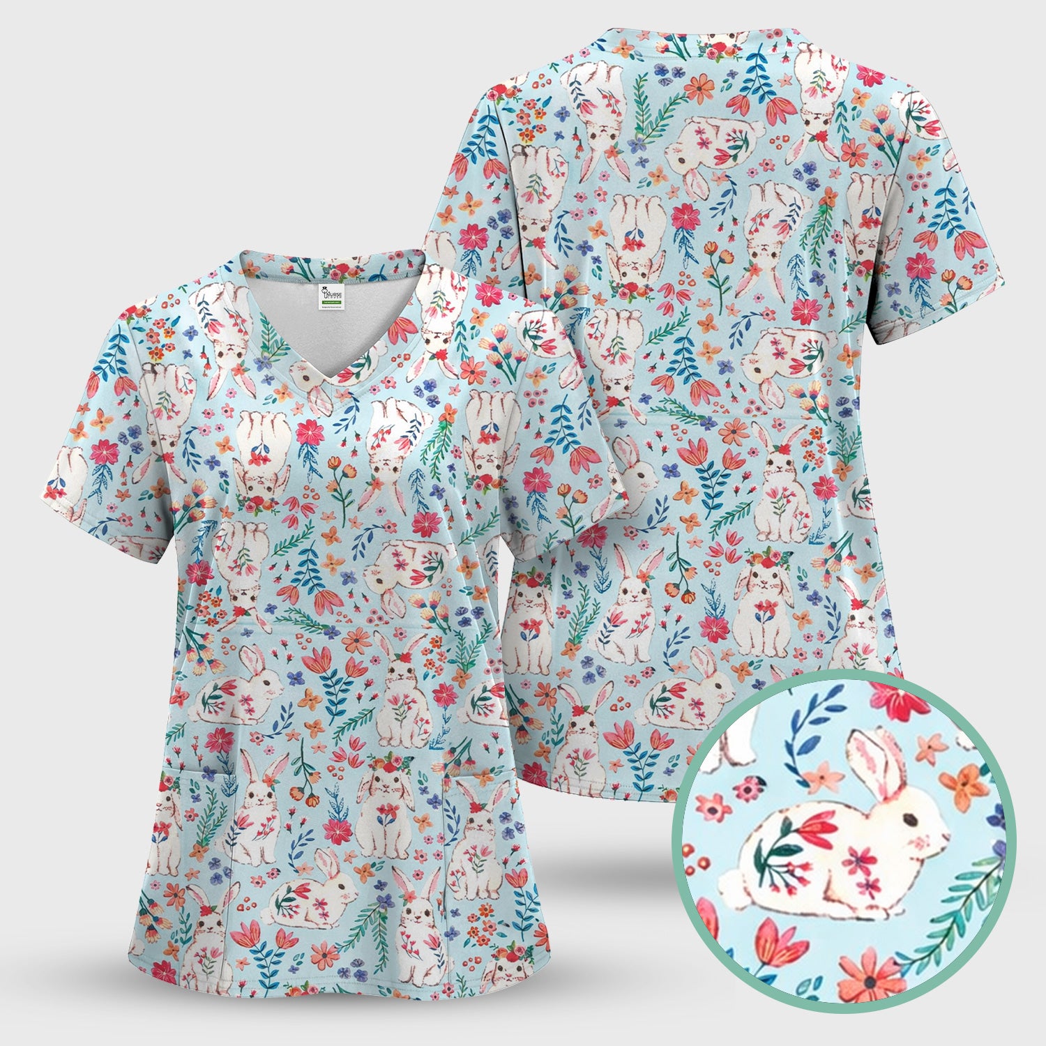 Springtime Bunny Floral Pattern Scrub Set, Scrub Pants and V Neck Top
