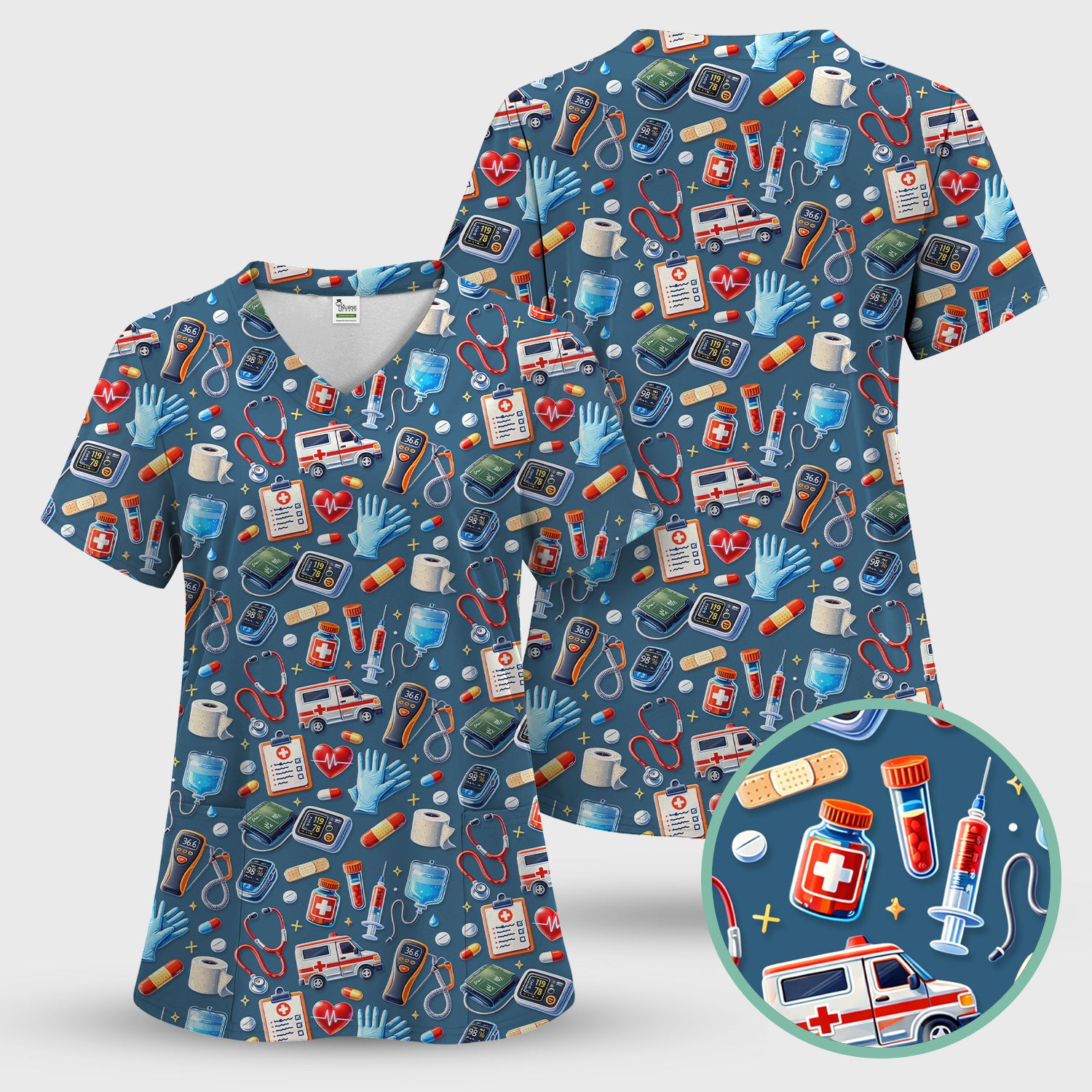 Medical Tools Pattern Ambulance Stethoscope Scrub Top, Comfortable Scrubs for Nurses