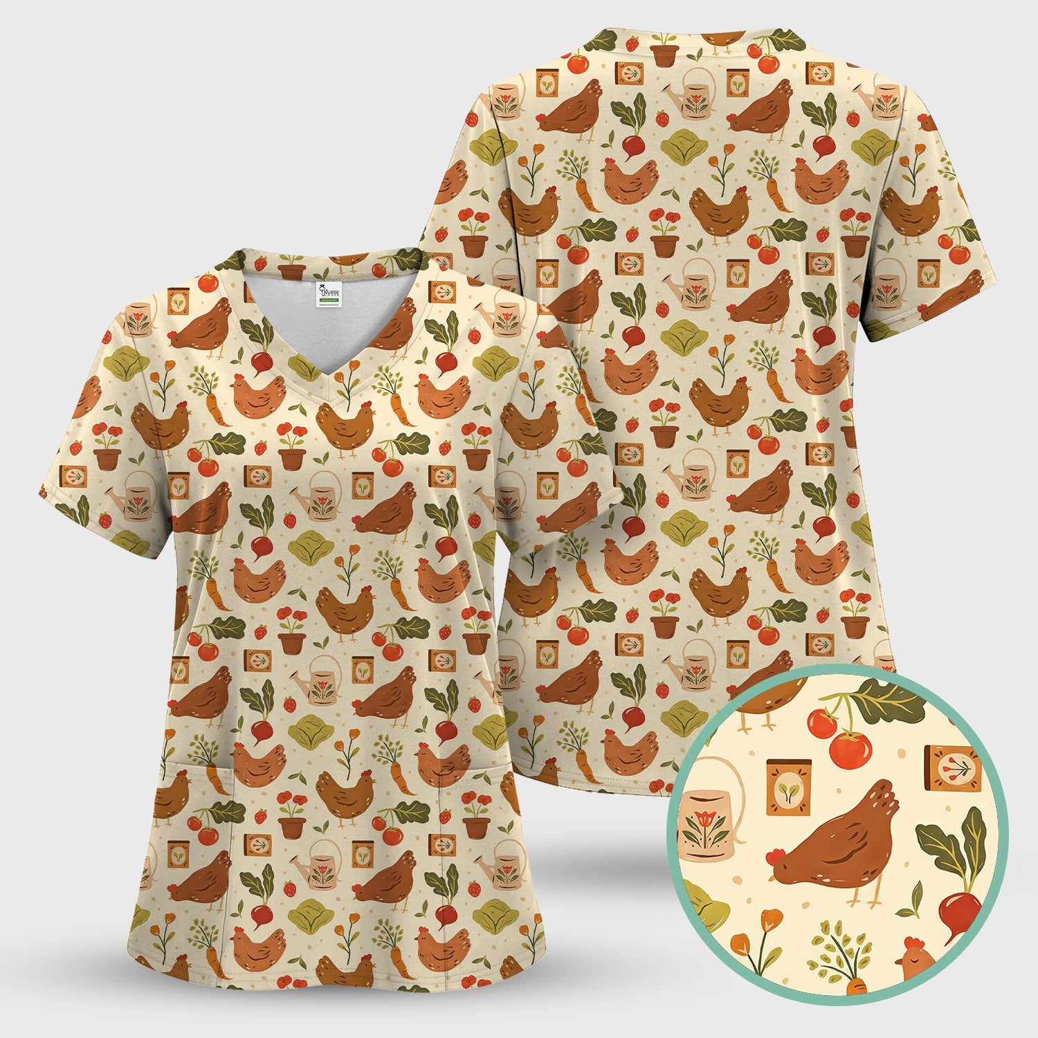 Rustic Farm Chicken Garden Vegetable Pattern Scrub Top, Comfortable Scrubs for Nurses