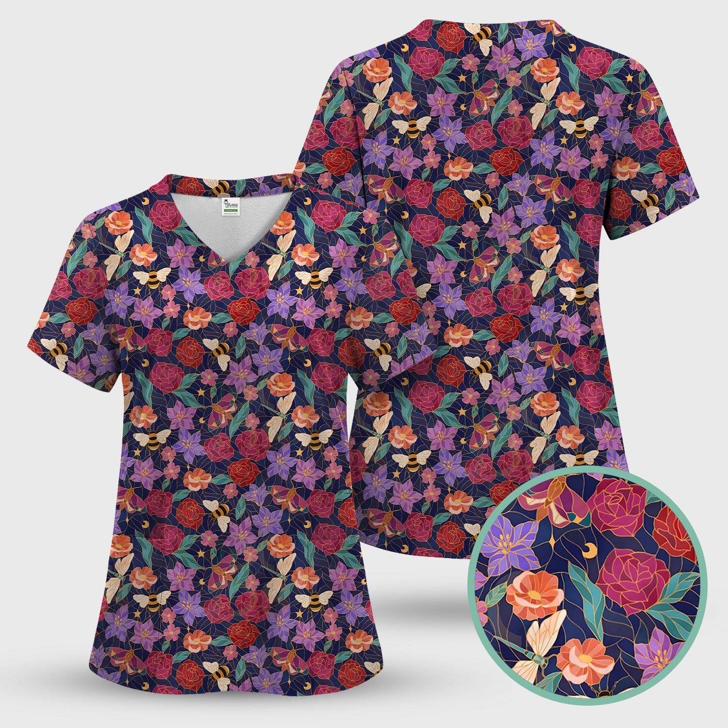 Charming Floral Garden With Bees And Dragonflies Scrub Set, Scrub Pants and V Neck Top