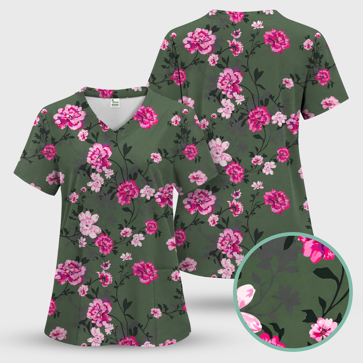 Pink Floral Blossom Pattern Scrub Top, Comfortable Scrubs for Nurses