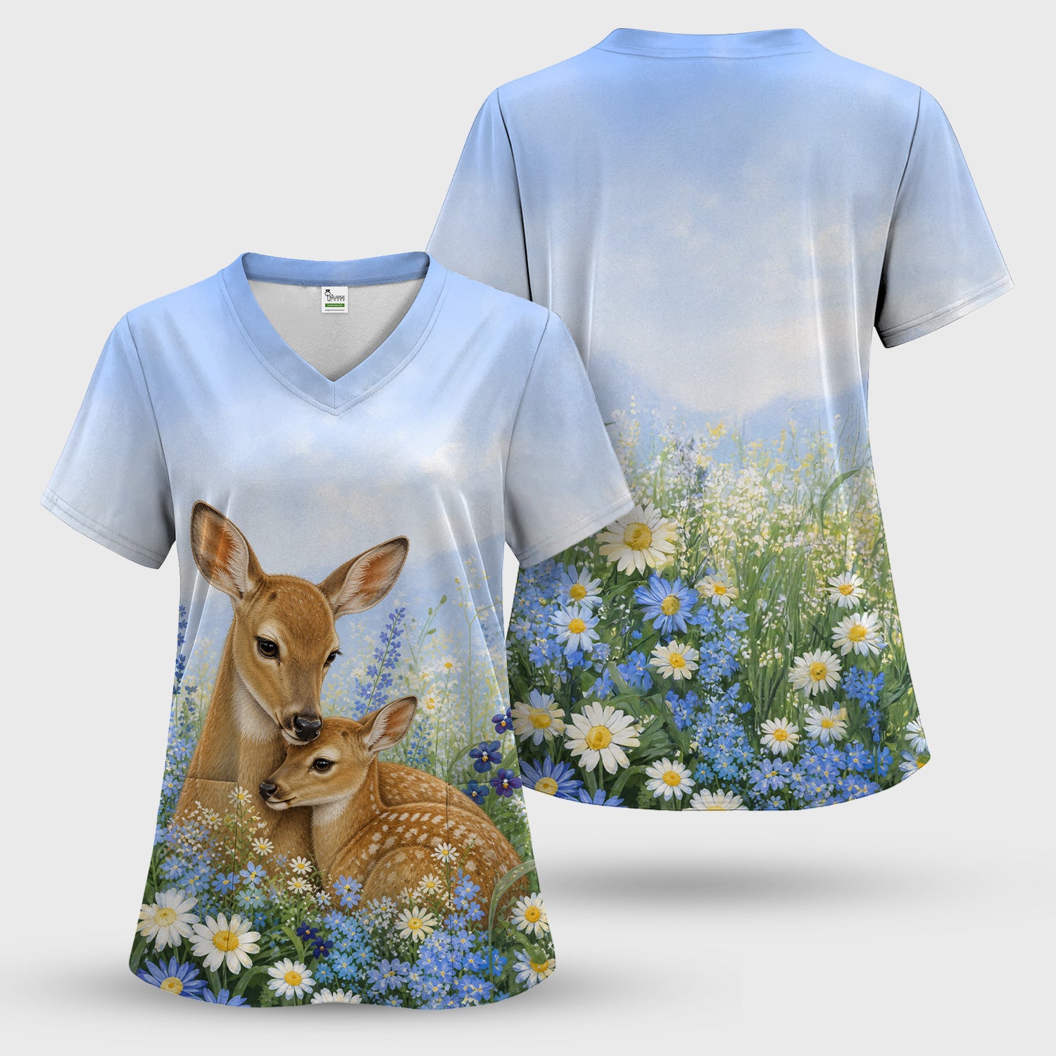 Cute Deer Mother Baby With Meadow Pattern Scrub Set, Scrub Pants and V Neck Top