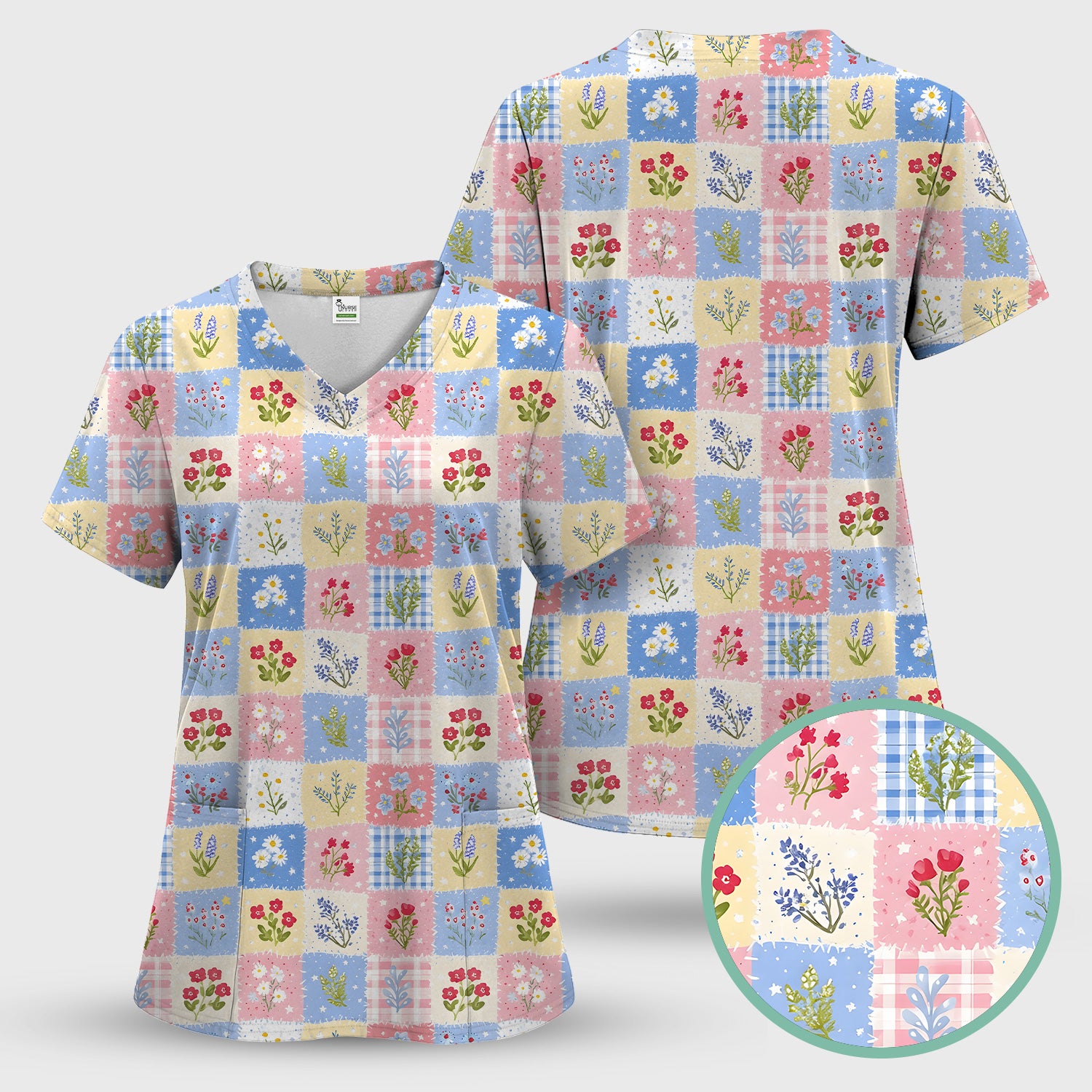 Pastel Patchwork Wildflower Garden Print Scrub Top, Comfortable Scrubs for Nurses