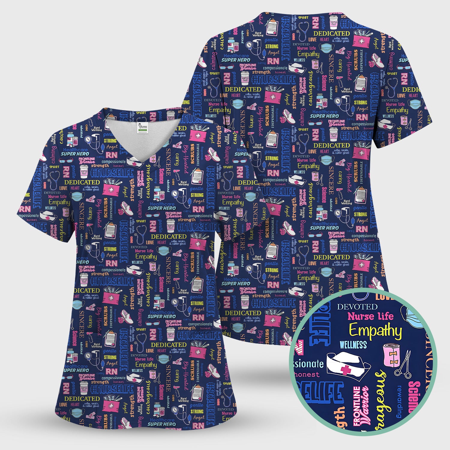 Colorful Nurse Life Typography Print Scrub Top, Breathable Fabrics Nursing Uniform