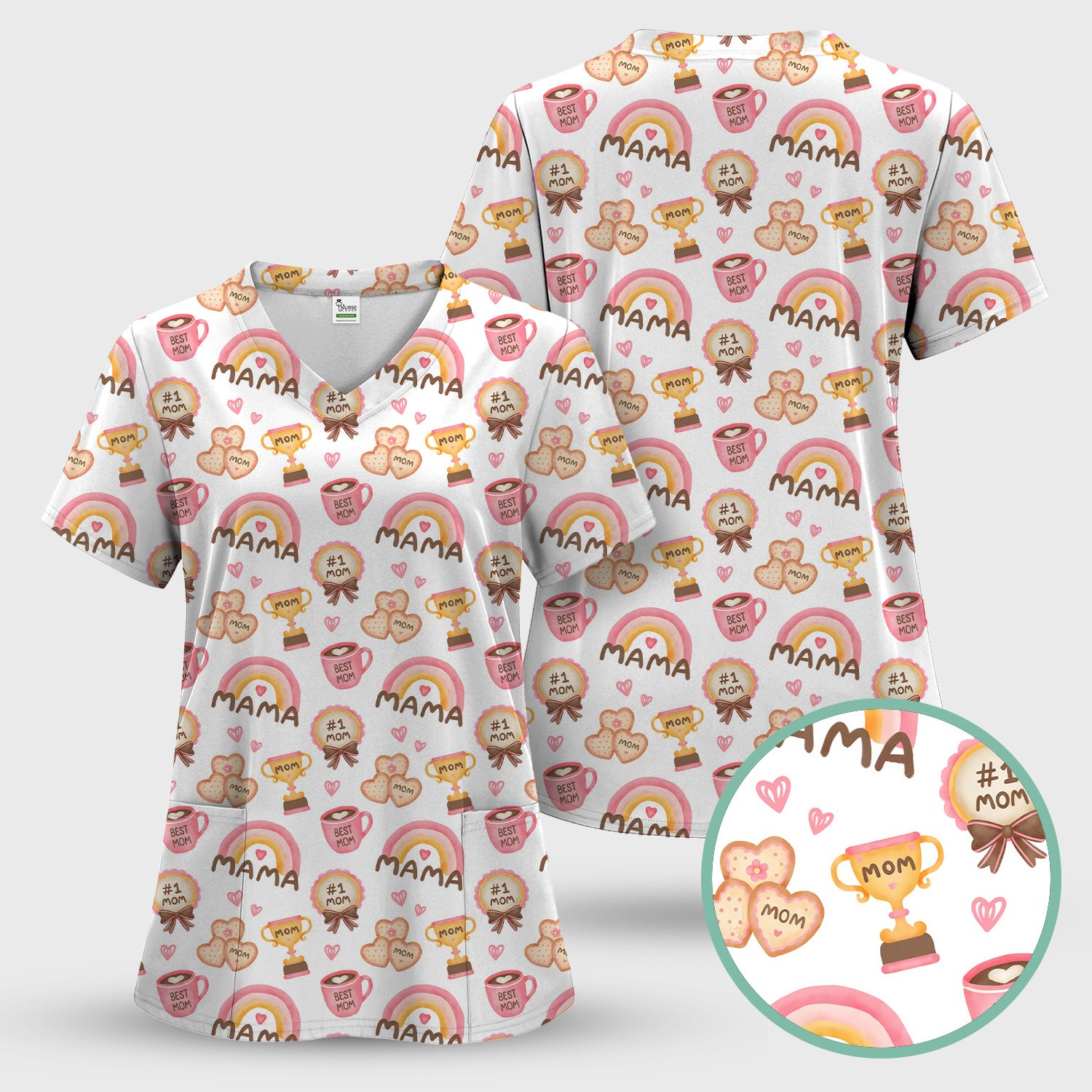 Sweet Nurse Mama Rainbow Trophy Heart Pattern Scrub Set, Scrub Pants and V Neck Top