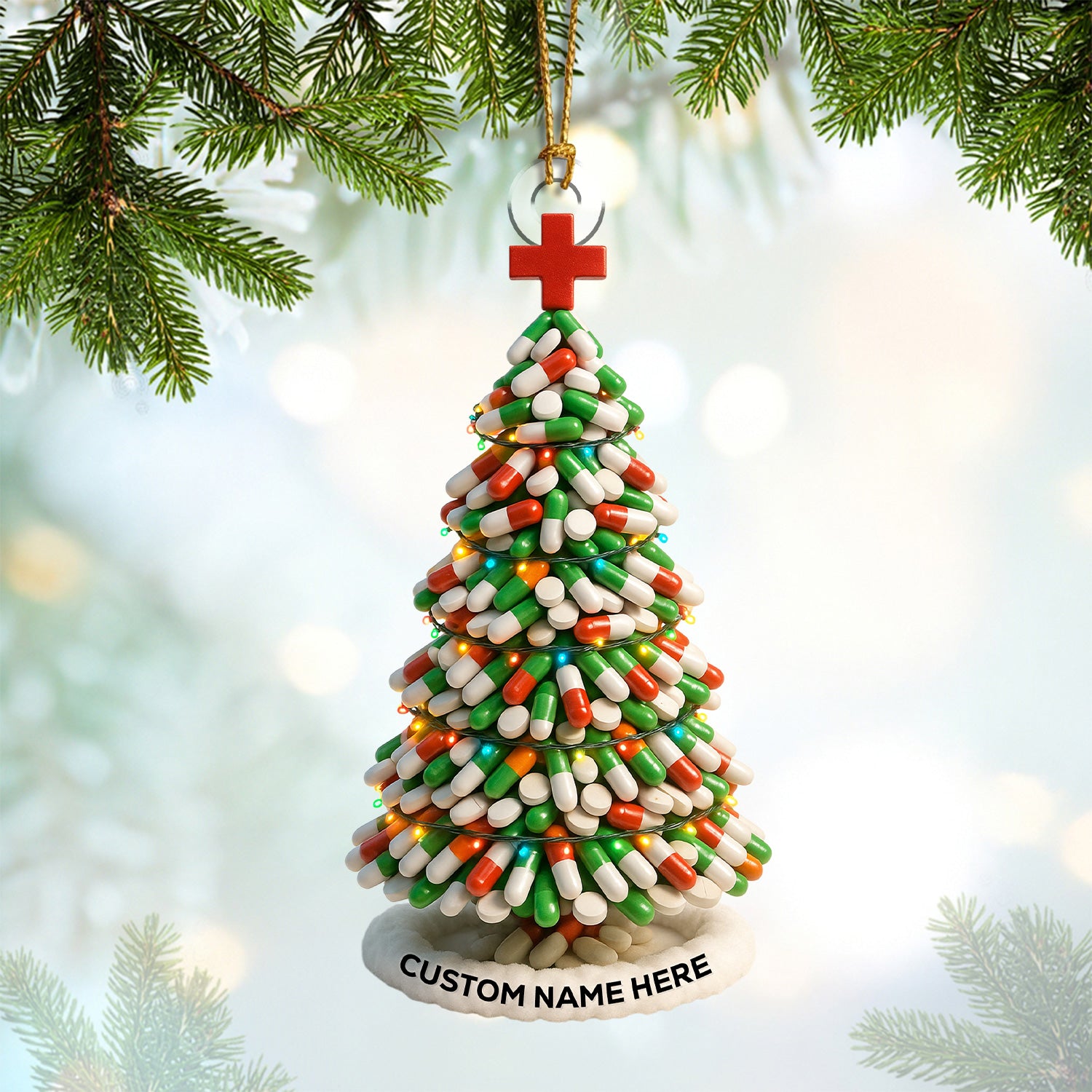 Personalized Pharmacy Christmas Ornament – Funny Medicine Tree Design – Cute Holiday Gift for Nurses, Doctors, and Pharmacists