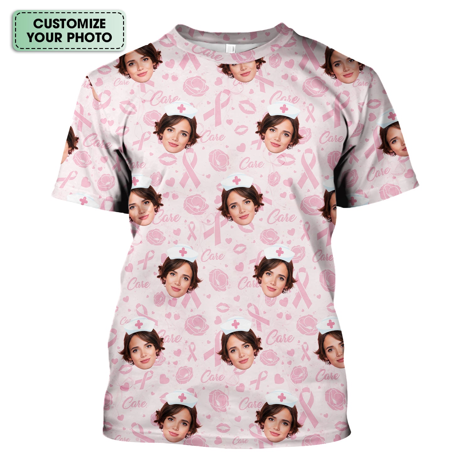 Custom Face Nurse Shirt Pink Ribbon Awareness - Personalized Breast Cancer Support T-Shirt - Gift for Women RN LPN CNA Healthcare Workers