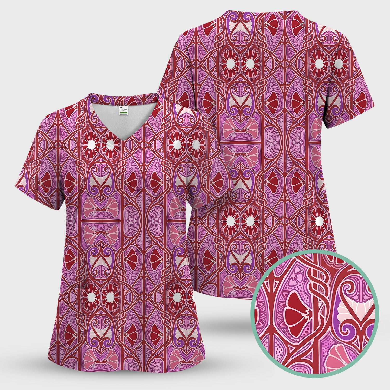 Vintage Ornamental Floral Pattern Scrub Set, Scrub Pants and V Neck Top