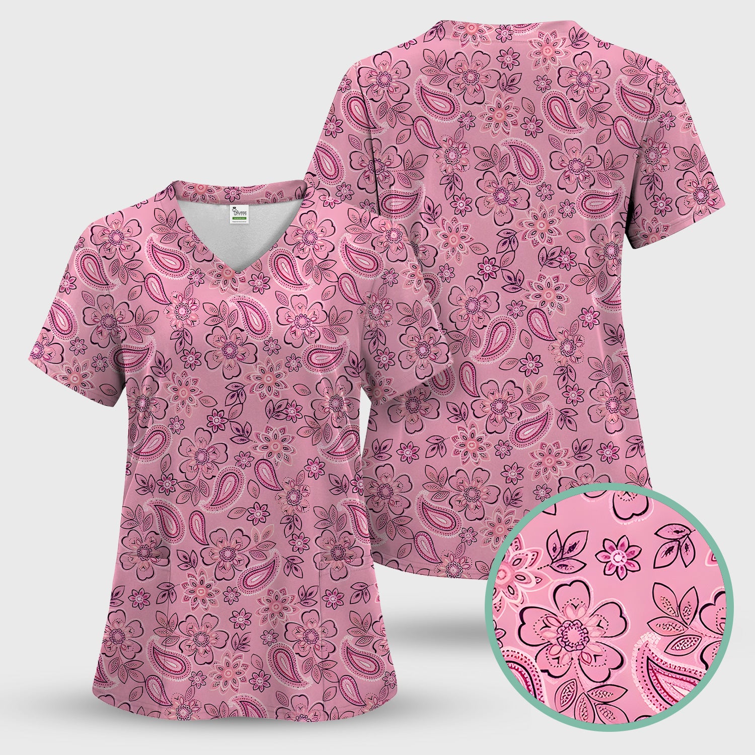 Pink Paisley Floral Nurse Pattern Scrub Set, Scrub Pants and V Neck Top