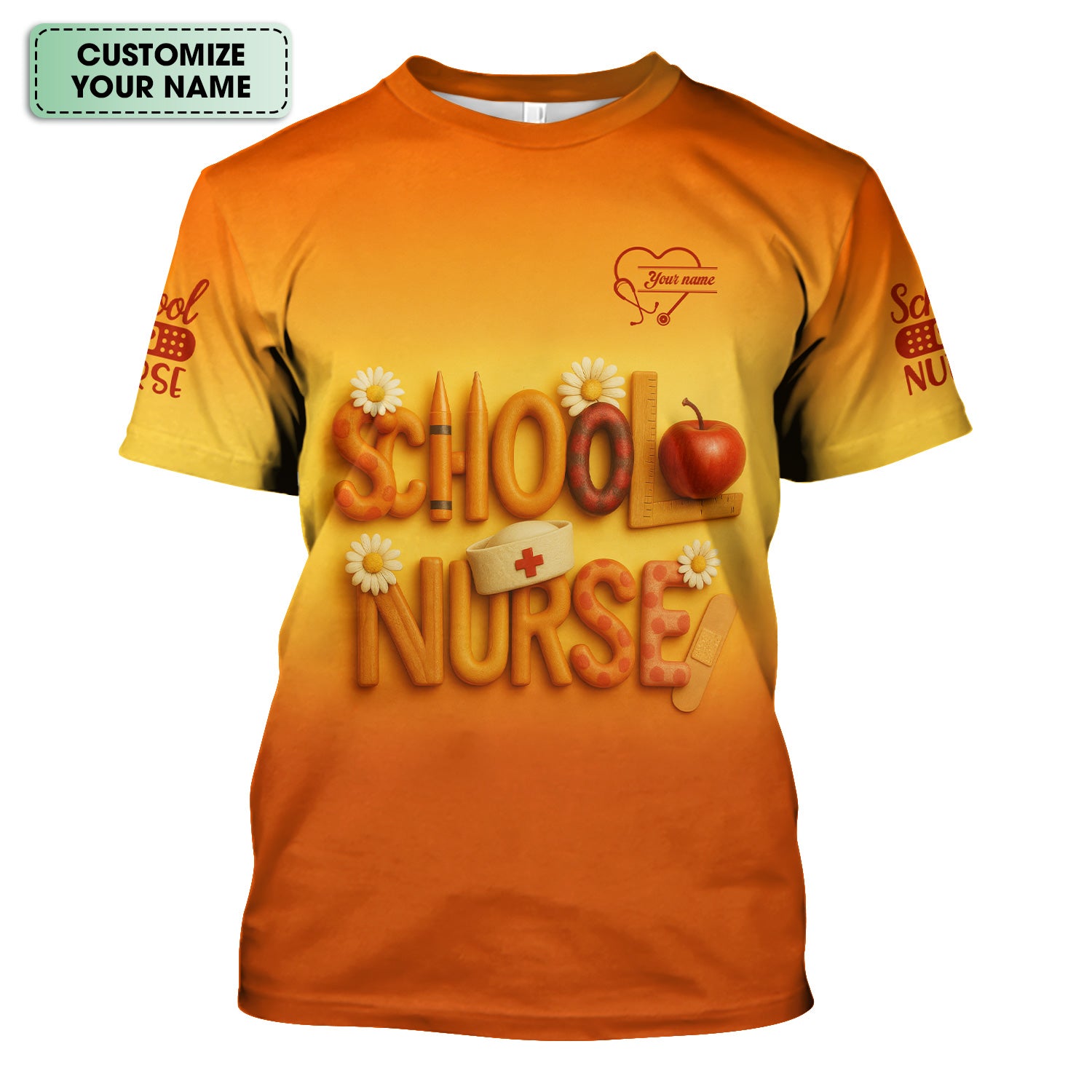 Custom School Nurse Scrub Top - Cute Apple Pencil Design with Bandages and Daisies - Back to School Gift for RN LPN Healthcare Workers