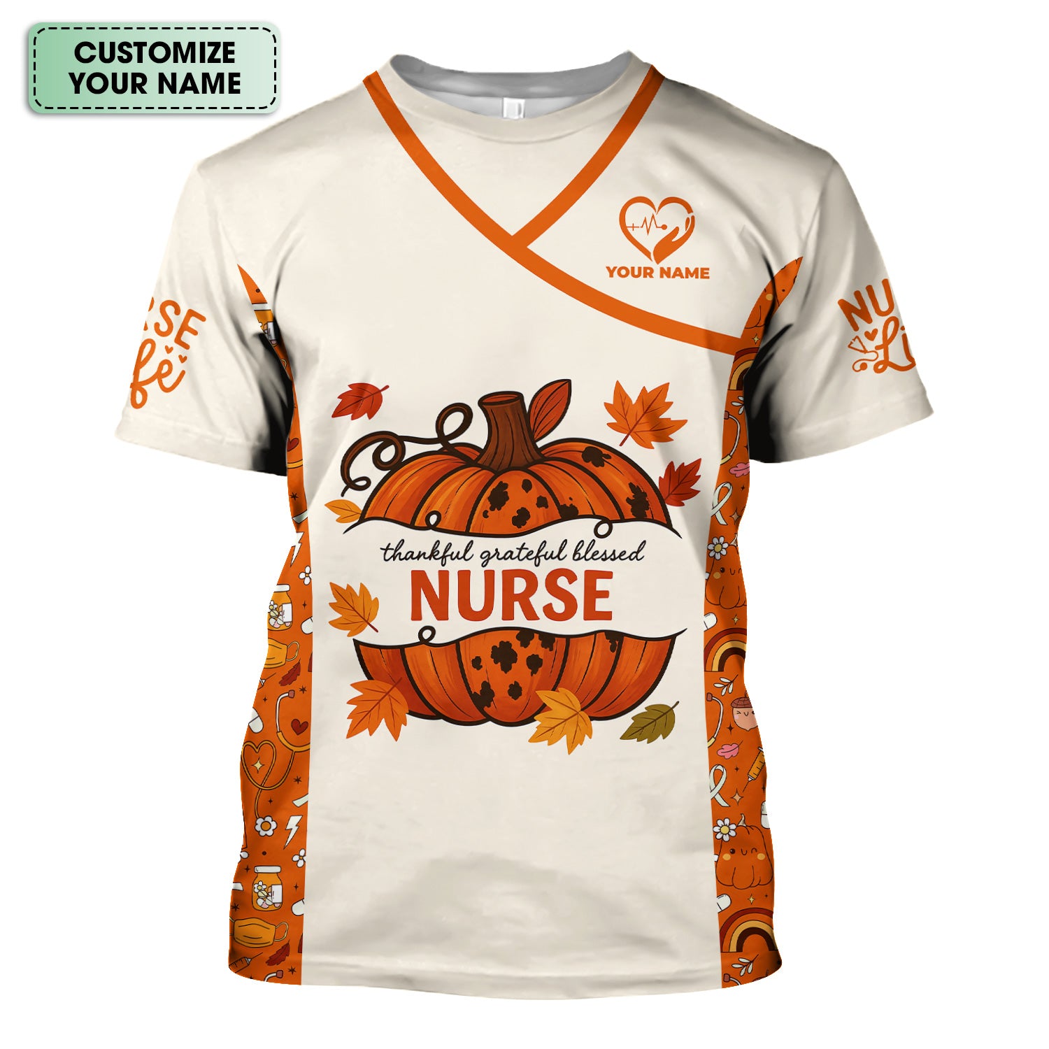 Fall Nurse Scrub Shirt with Pumpkin Design - Thankful Grateful Blessed Quote - Custom Autumn Gift for Women RN CNA LPN