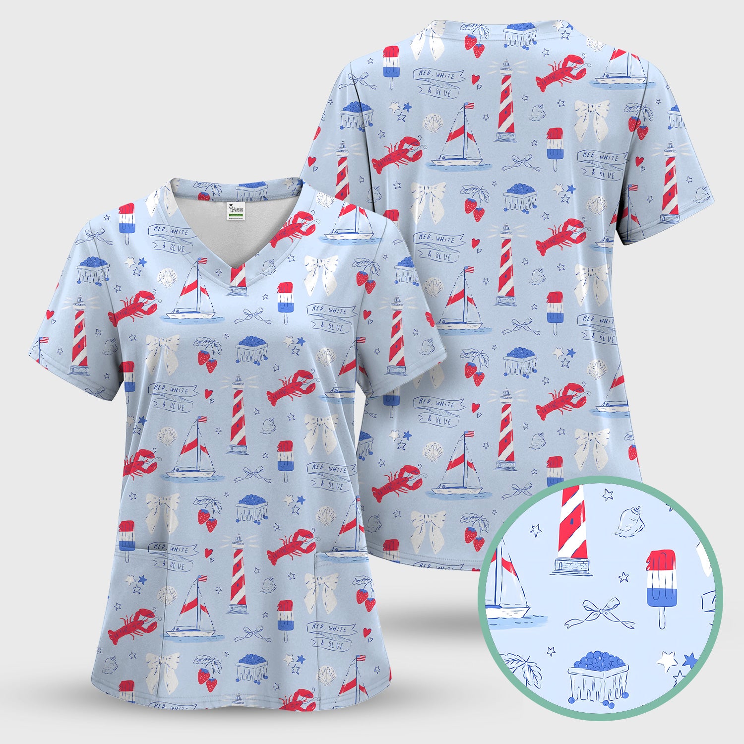 Lobster Lighthouse Sailboat Pattern Scrub Top, Comfortable Scrubs for Nurses