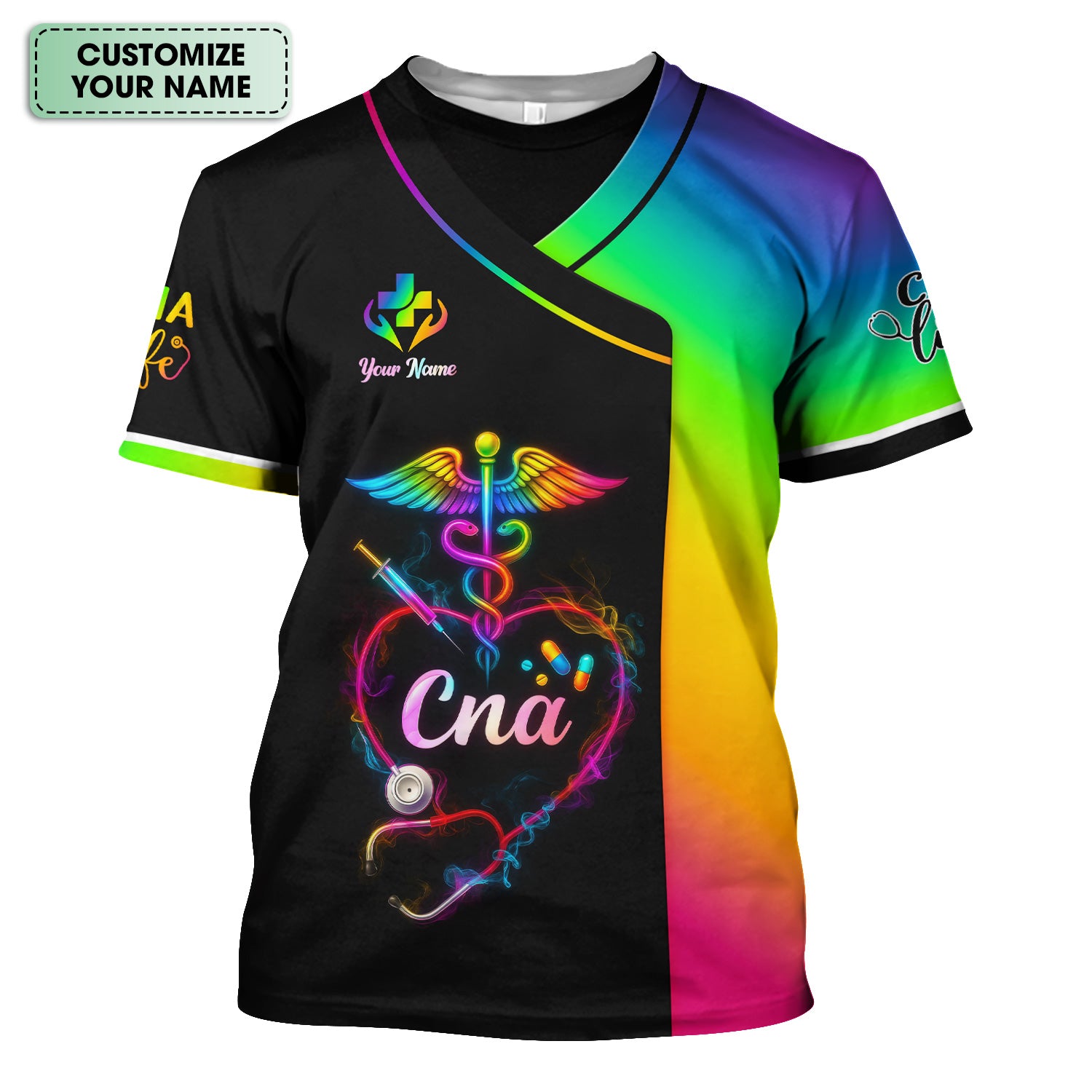Personalized CNA Scrubs Shirt - Rainbow Medical Nurse Top for Healthcare Workers - Gift for RN LPN Healthcare Workers