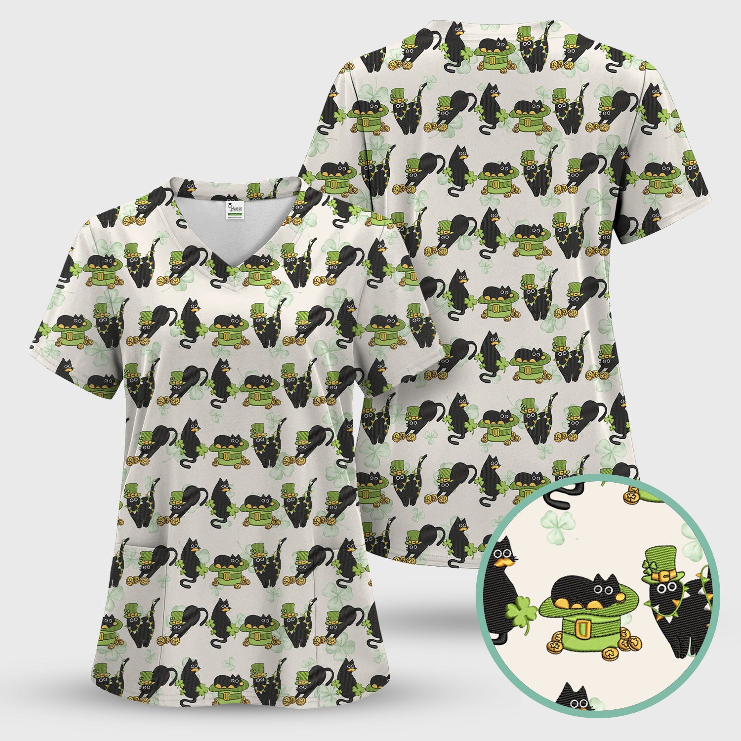 St. Patrick Black Cat Clover Print Nurse Scrub Top, Comfortable Scrubs for Nurses