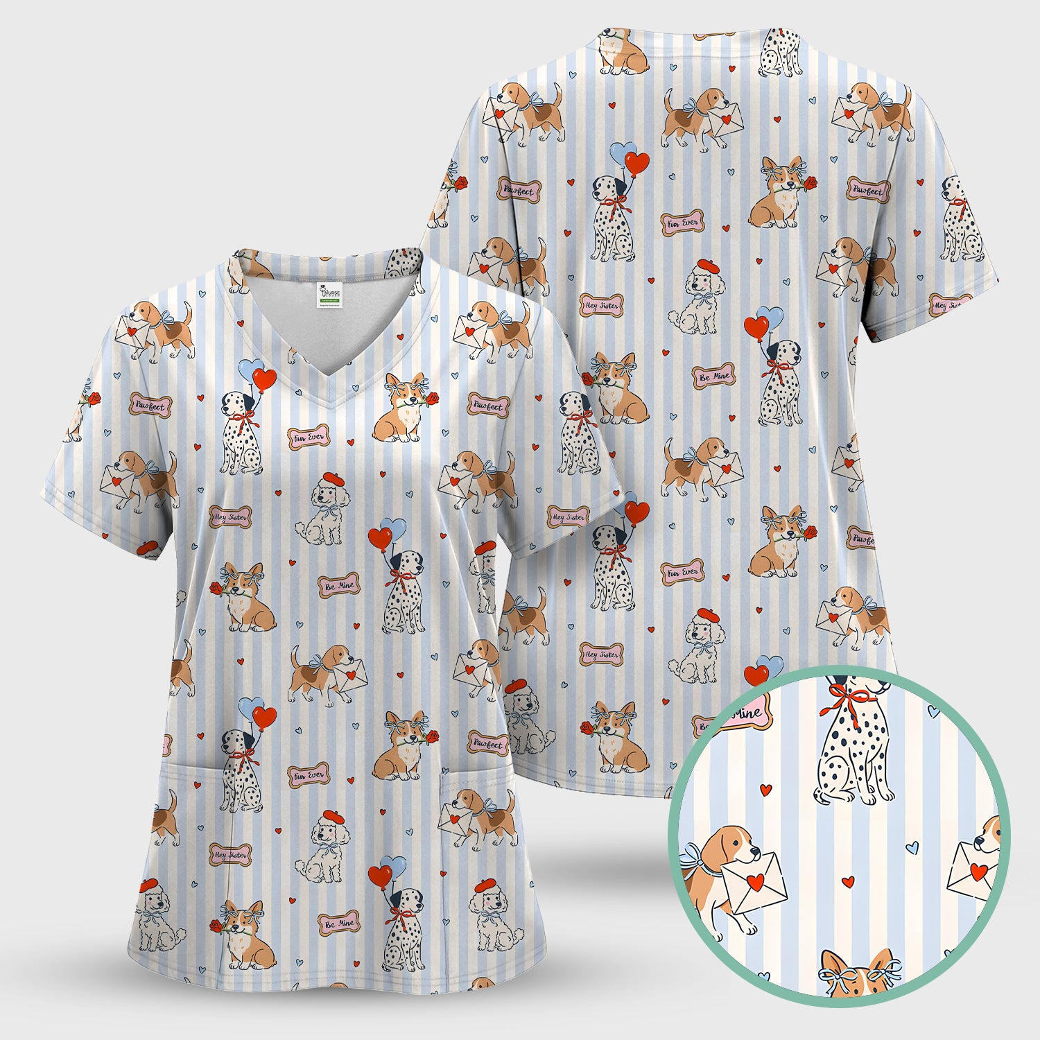 Valentine Puppy Heart Pattern Scrub Top, Comfortable Scrubs for Nurses