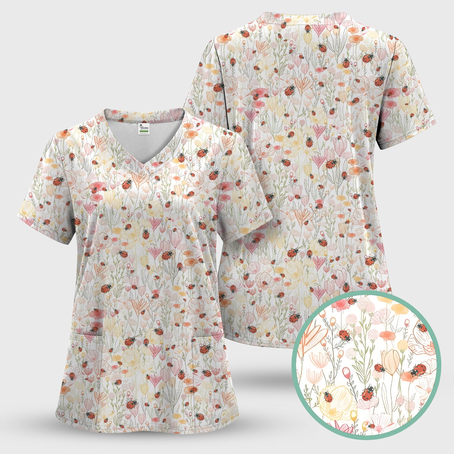 Cute Nurse Wildflower Ladybug Garden Pattern Scrub Top, Comfortable Scrubs for Nurses