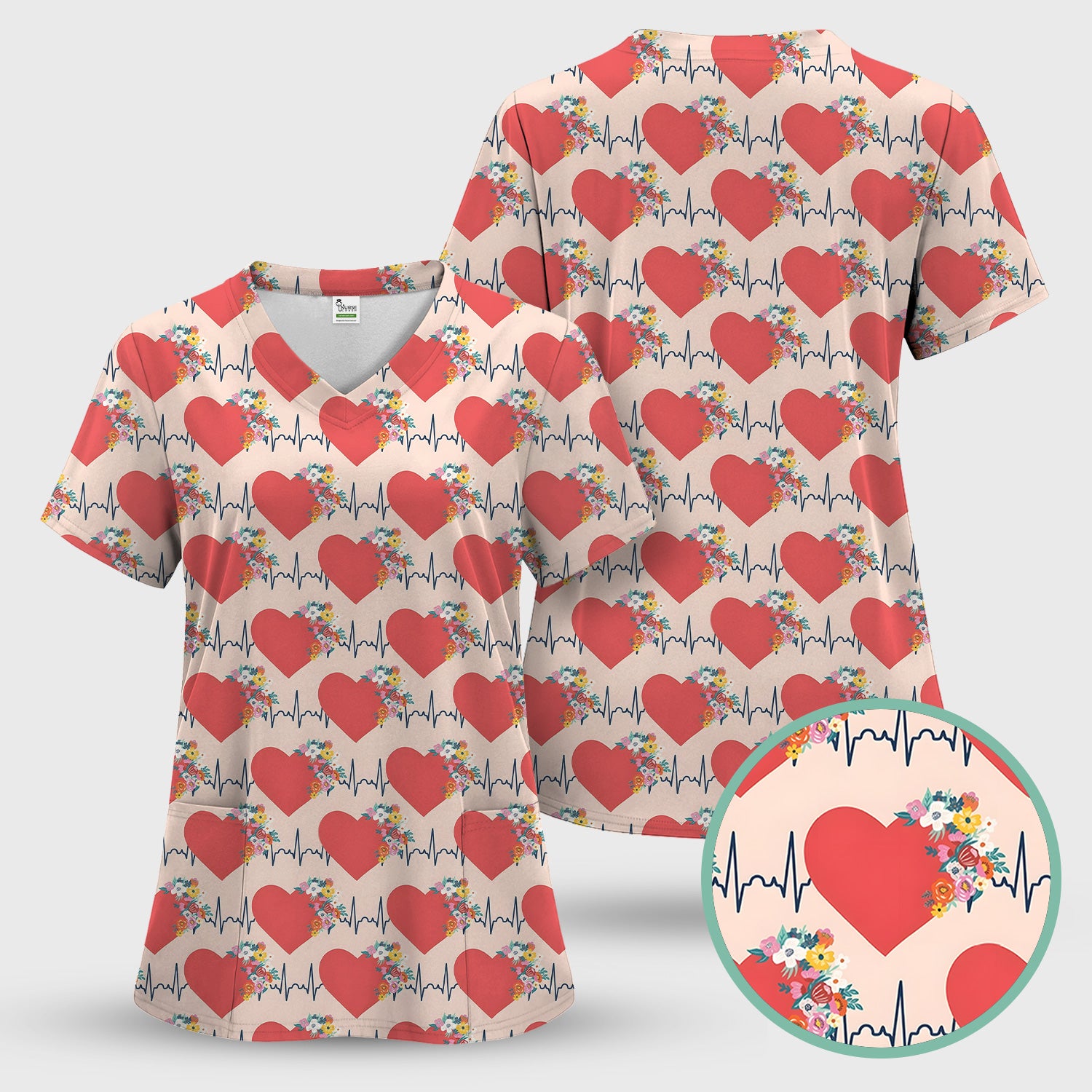 Nurse Heartbeat Floral Pattern Scrub Top, Comfortable Scrubs for Nurses