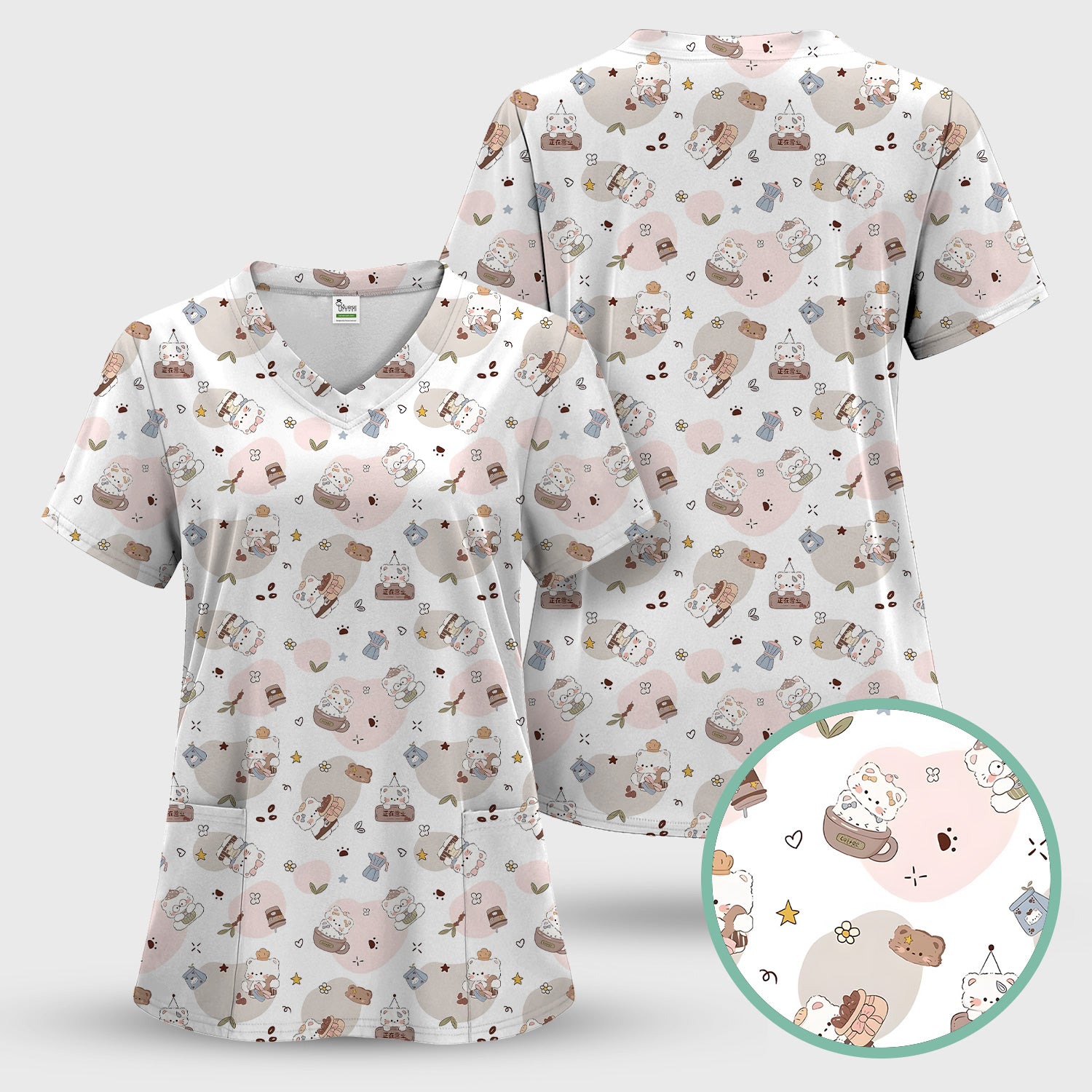 Cute Cat With Coffee Paw Heart Pattern Scrub Set, Scrub Pants and V Neck Top