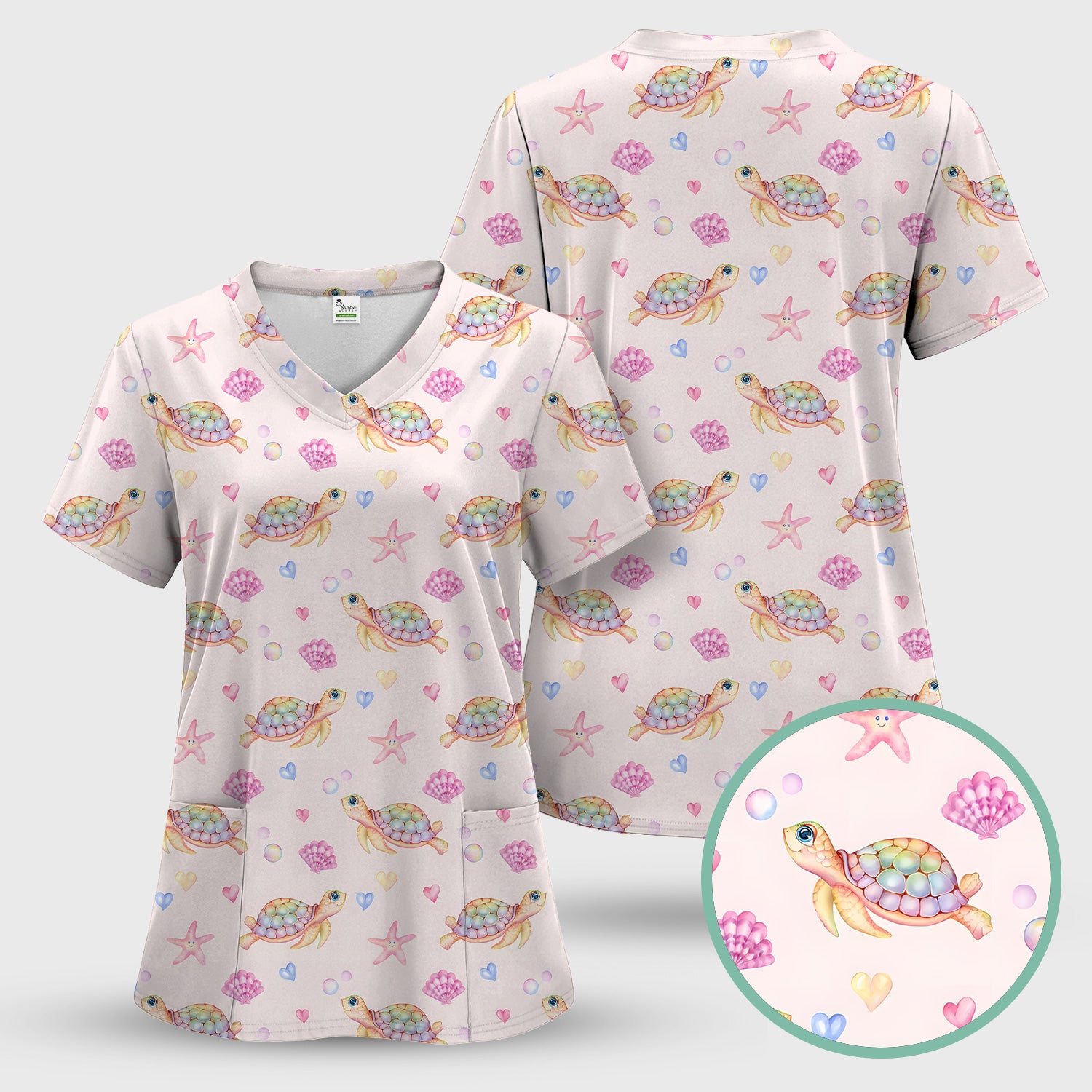 Sea Turtle Ocean Print Scrub Top, Comfortable Scrubs for Nurses
