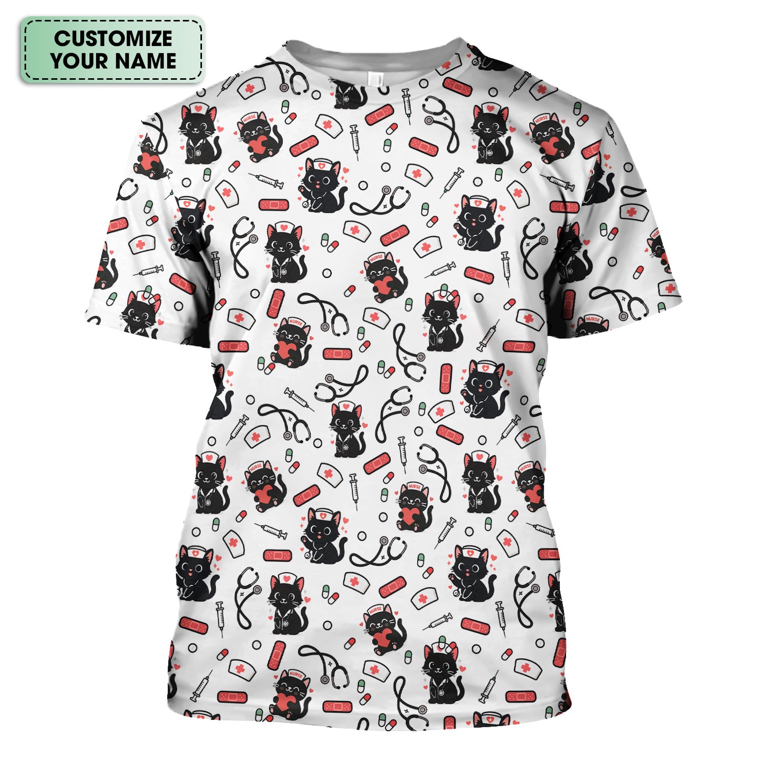 Cute Black Cat Nurse Scrub Top for Women - Medical Uniform Shirt with Stethoscope & Pill Print - Gift for CNA, LPN, Medical Worker
