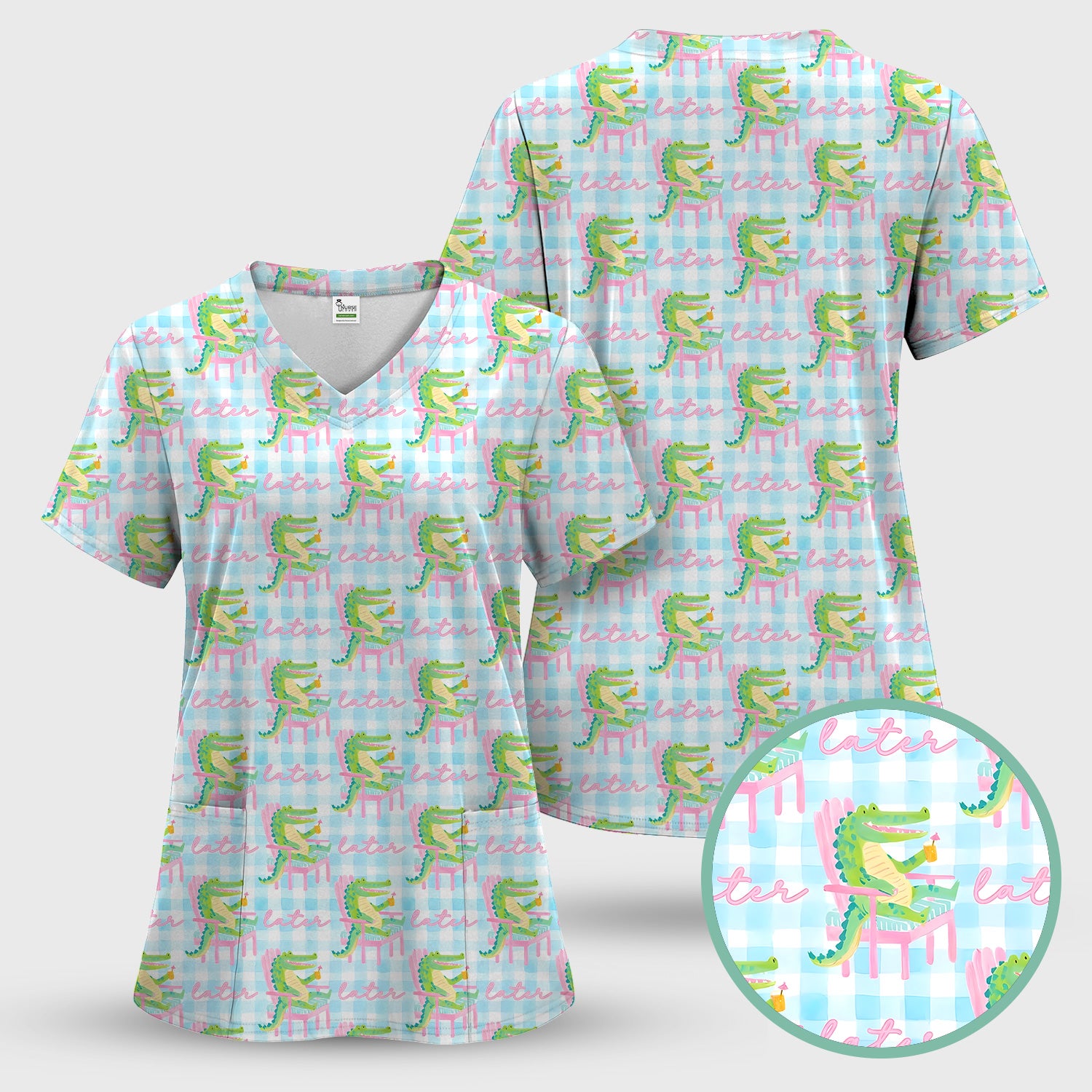 Funny Lazy Crocodile Later Pattern Scrub Set, Scrub Pants and V Neck Top