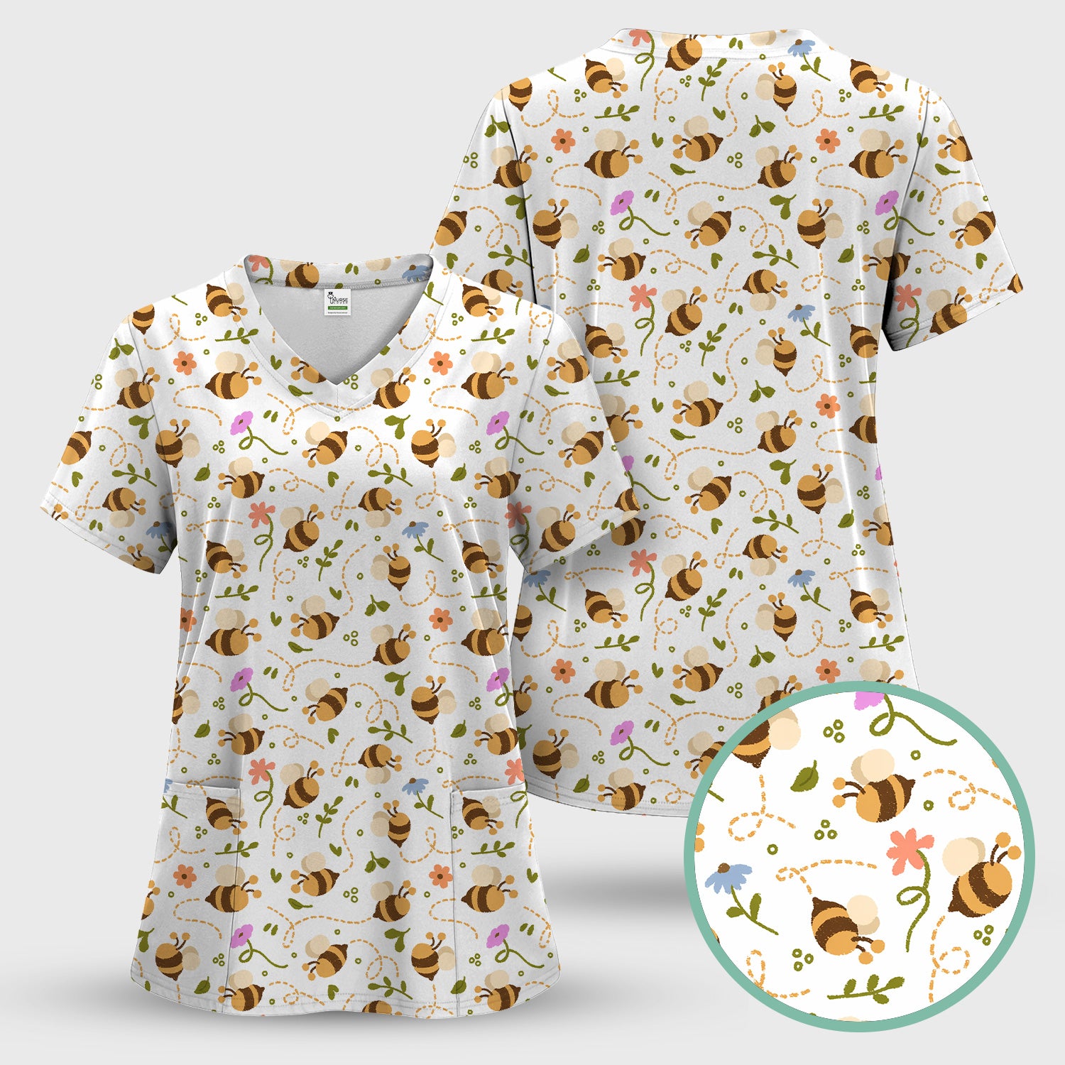 Bee Flying Floral Trail Garden Pattern Scrub Set, Scrub Pants and V Neck Top