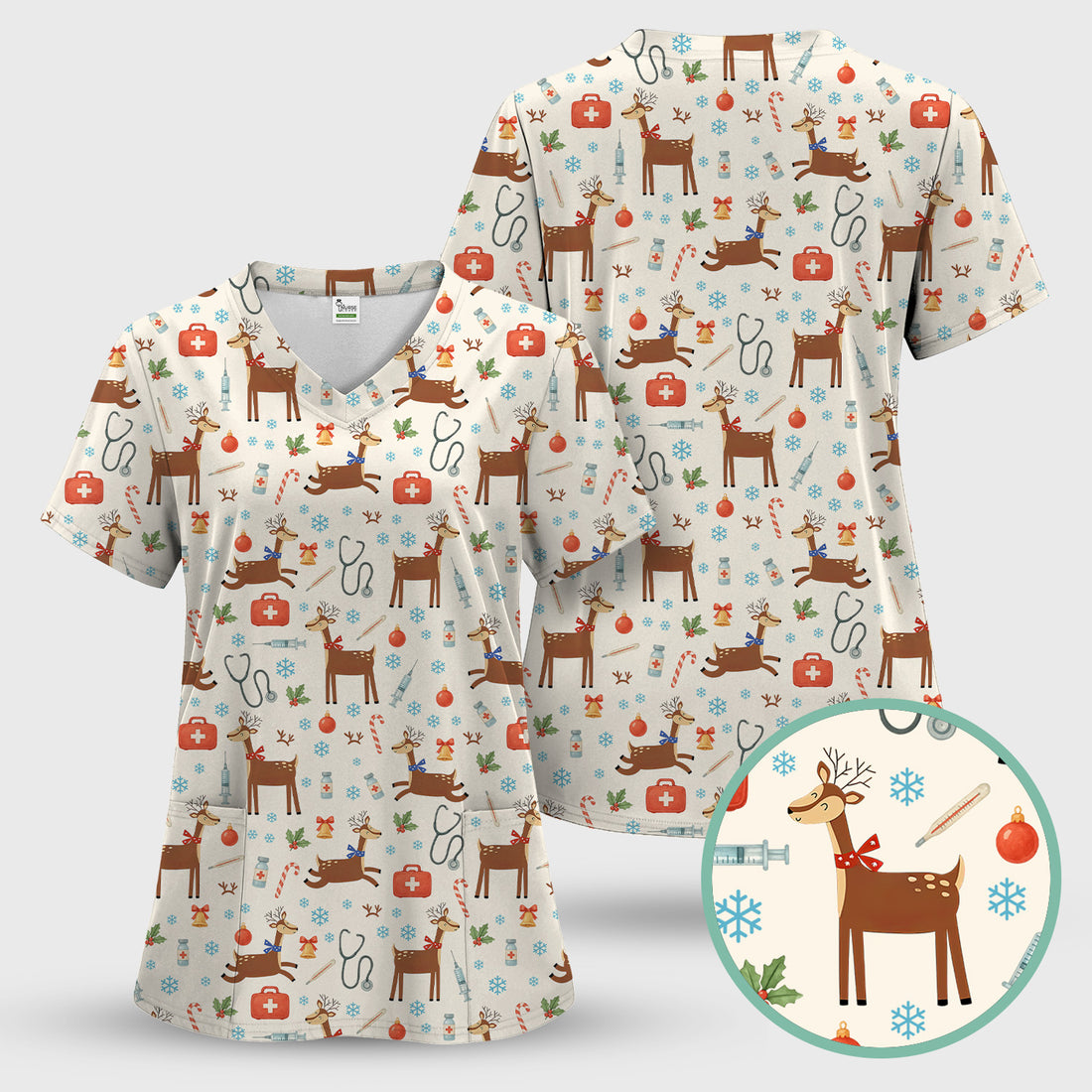 Reindeer Christmas Scrub Top - Snowflakes Candy Canes Holiday Medical Shirt - Xmas Scrubs for Women RN CNA LPN