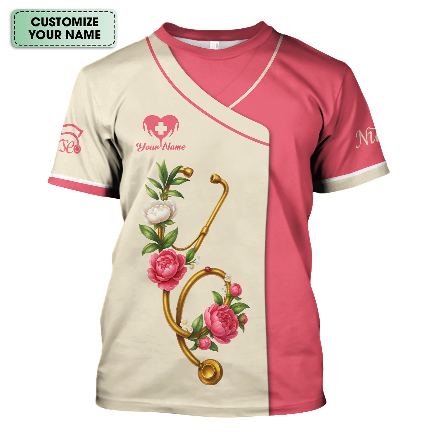 Personalized Nurse Shirt for Women - Pink Floral Stethoscope Design - Custom Name Gift for RN, CNA, LPN