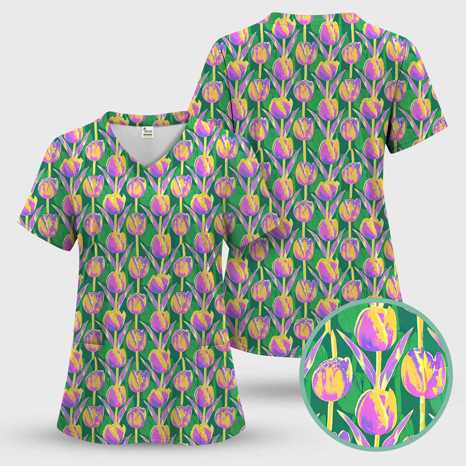 Colorful Tulip Floral Pattern Scrub Set, Scrub Pants and V Neck Top