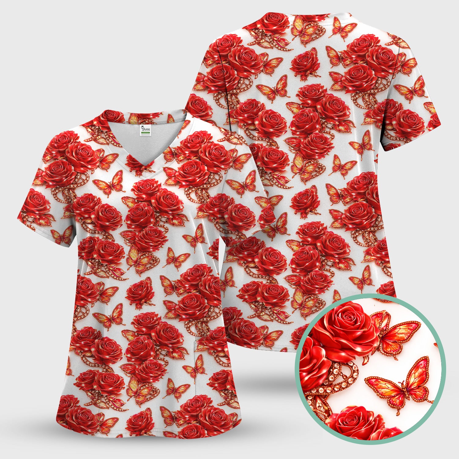 Red Rose and Butterfly Pattern Scrub Top, Comfortable Scrubs for Nurses