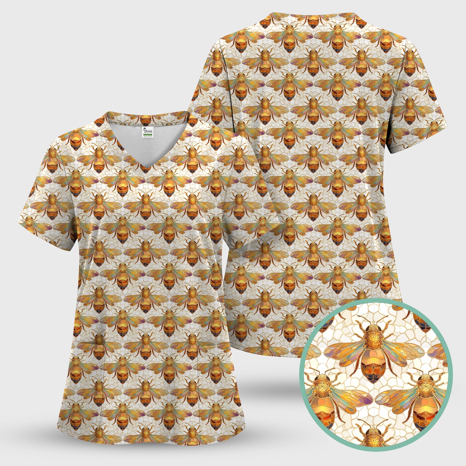 Golden Honey Bee Honeycomb Nurse Pattern Scrub Set, Scrub Pants and V Neck Top