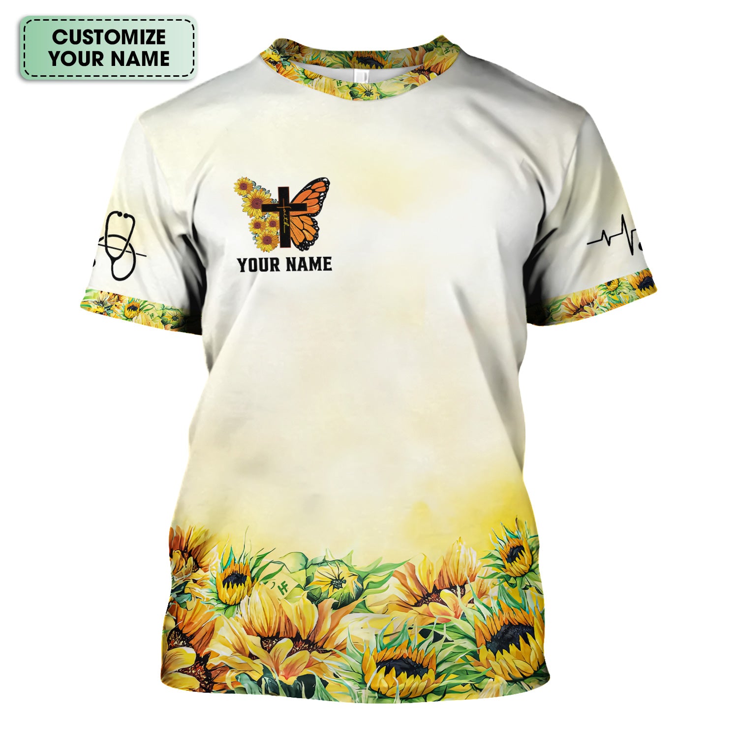Personalized Christian Nurse Scrub Top - Sunflower Butterfly Cross & Bible Verse - Gift for RN LPN CNA Healthcare Workers