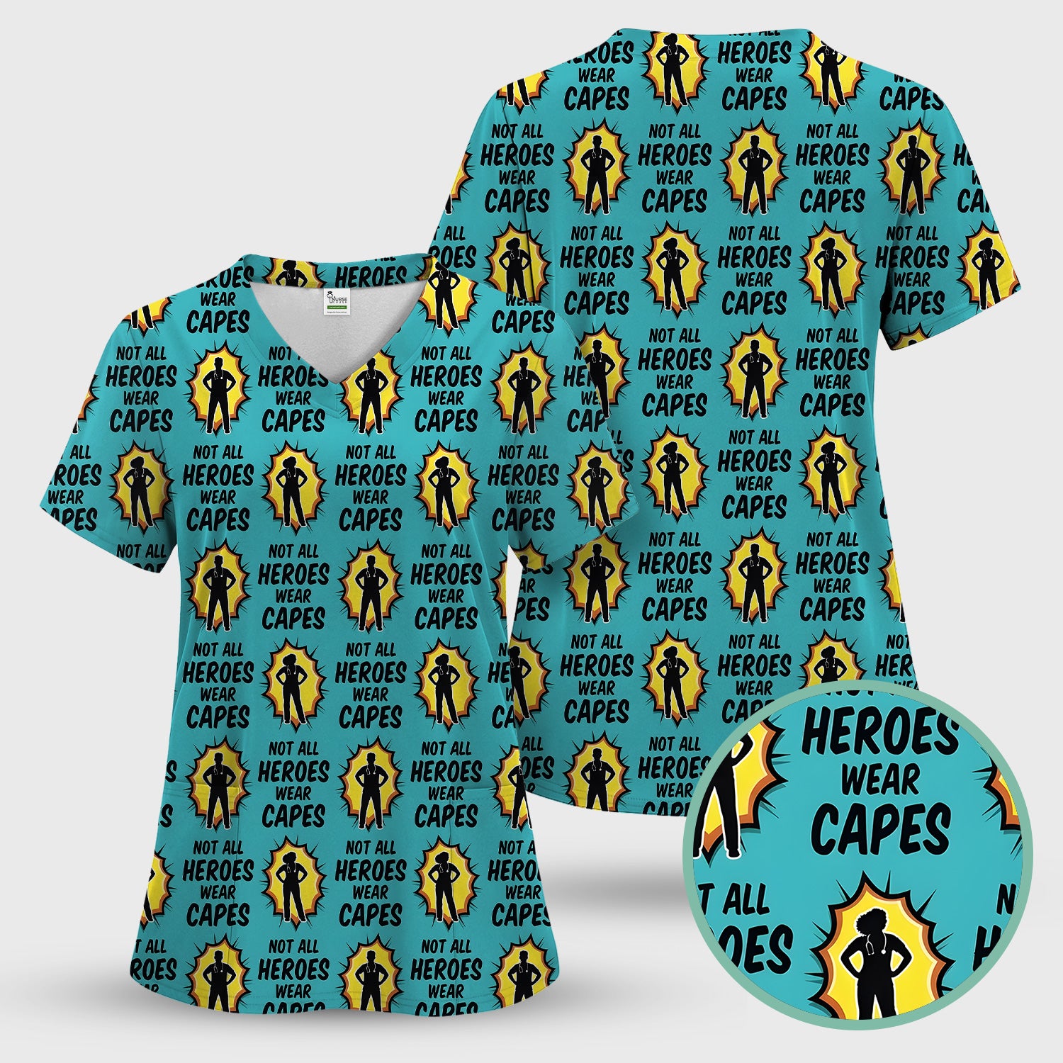 Not All Heroes Wear Capes Nurse Pattern Scrub Set, Scrub Pants and V Neck Top