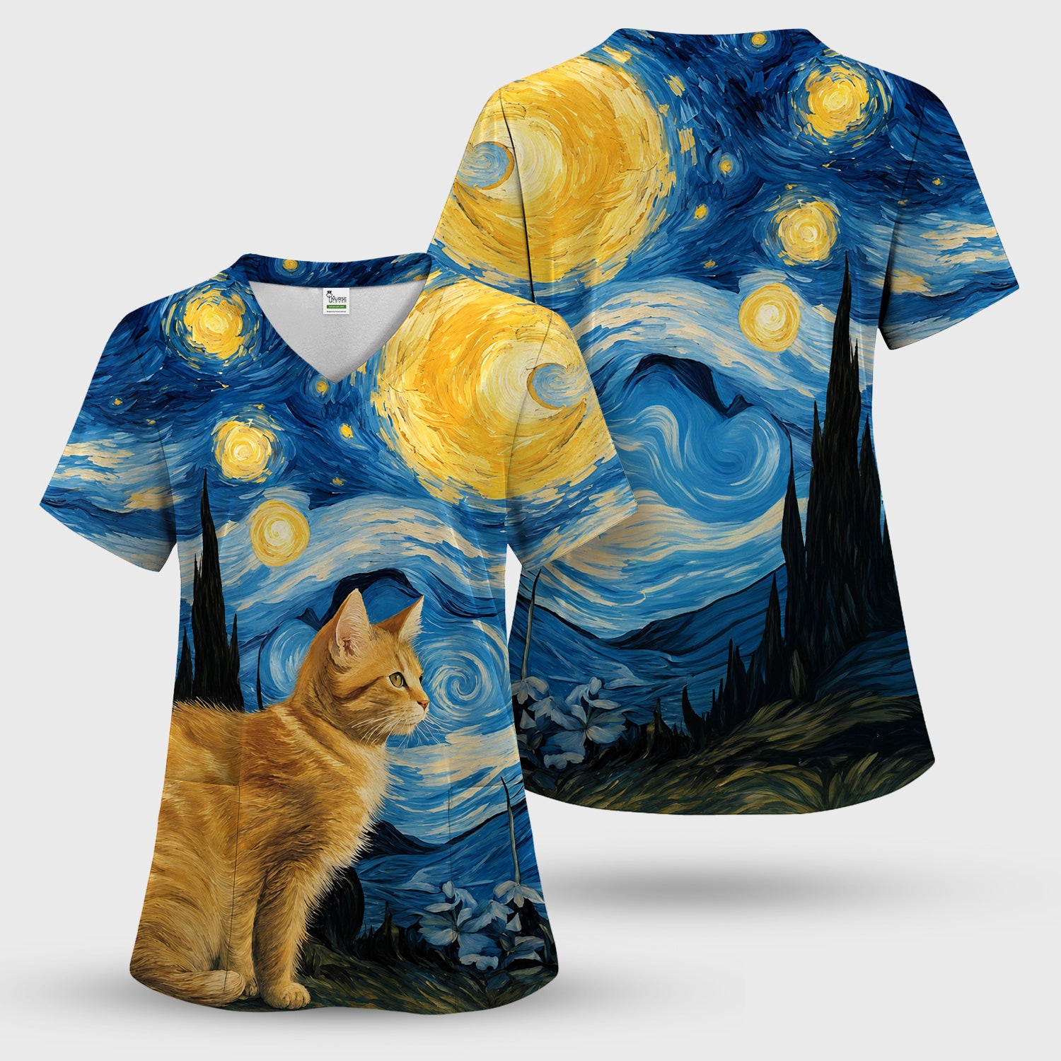 Swirling Moonlit Cat Scene Print Scrub Top, Comfortable Scrubs for Nurses