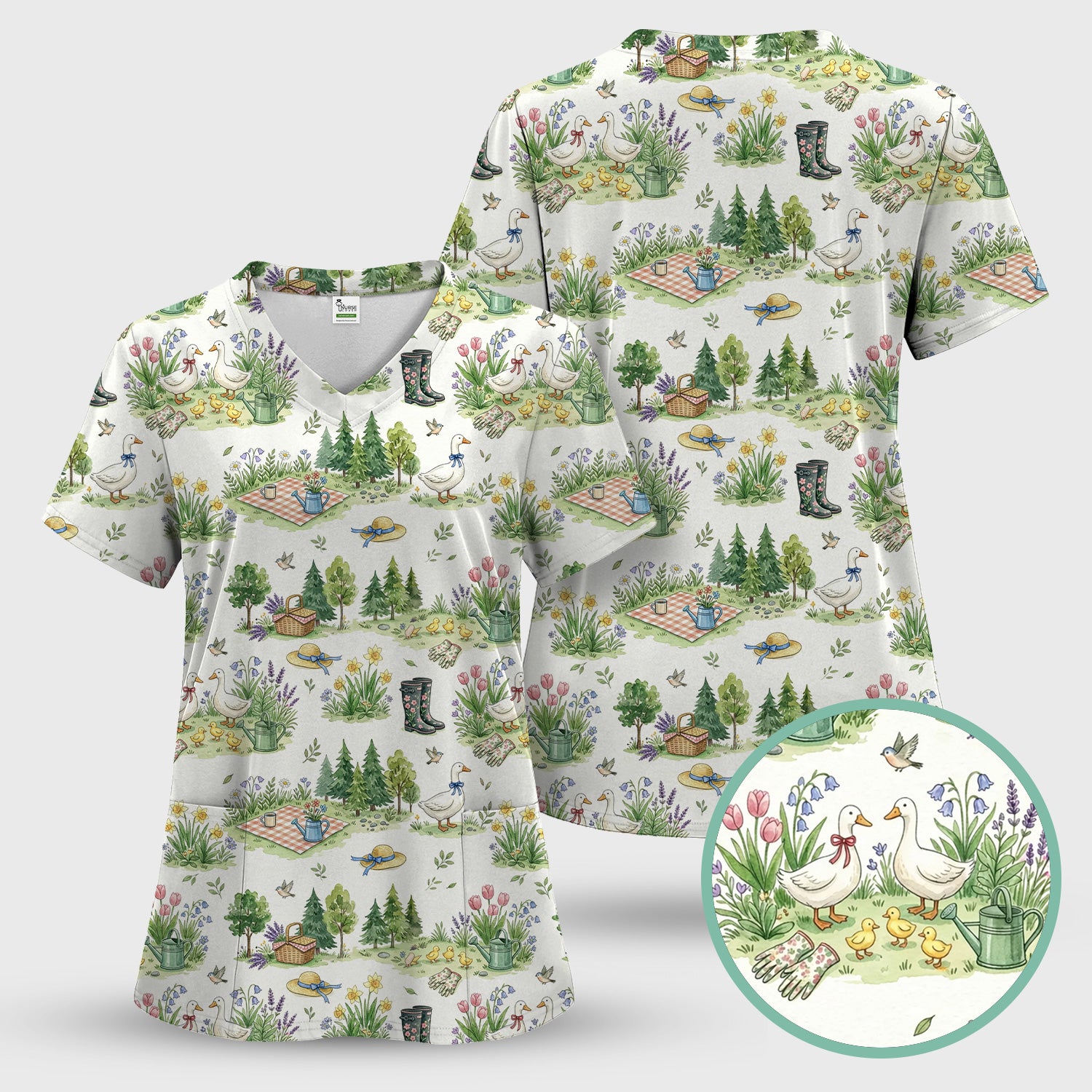 Cute Duck Garden Pattern Scrub Top, Spring Floral Countryside Nursing Uniform