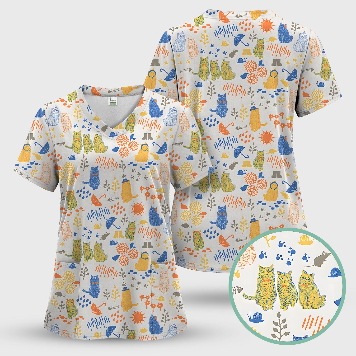 Cozy Rainy Day Cat Lover Nature Nurse Pattern Scrub Top, Comfortable Scrubs for Nurses