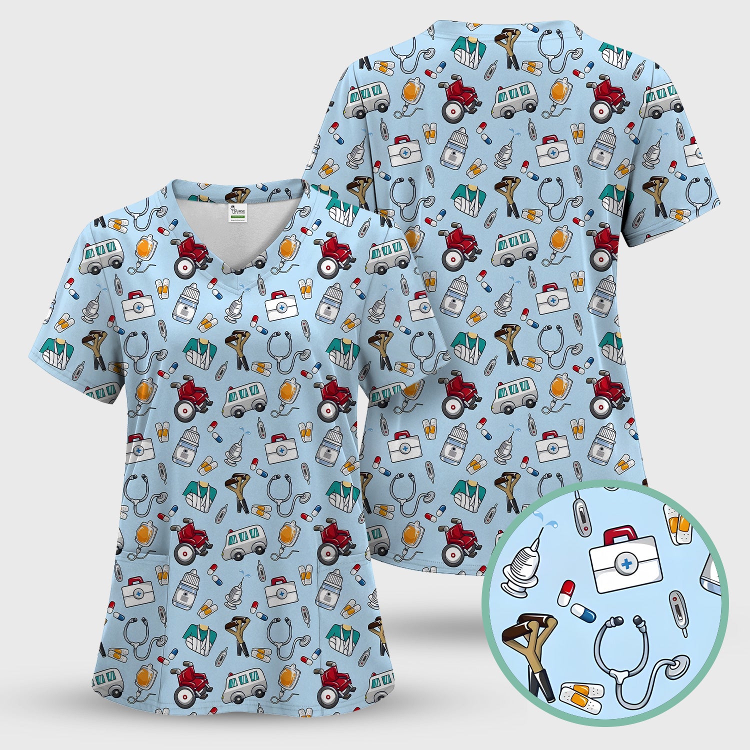 Care Medical Tools & Emergency Transport Pattern Scrub Set, Scrub Pants and V Neck Top