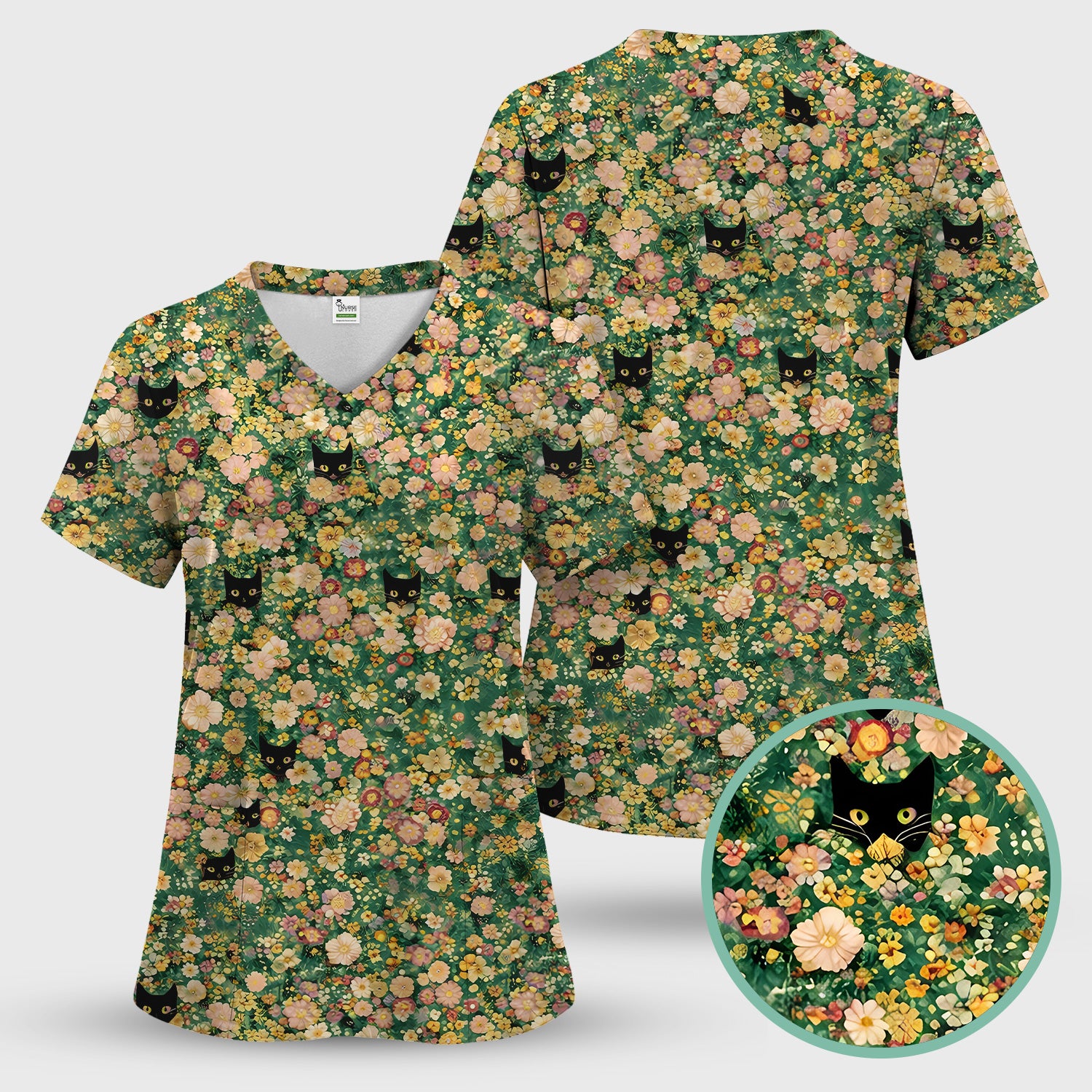 Cute Black Cat In Floral Garden Pattern Scrubs Top, Comfortable Scrubs for Nurses
