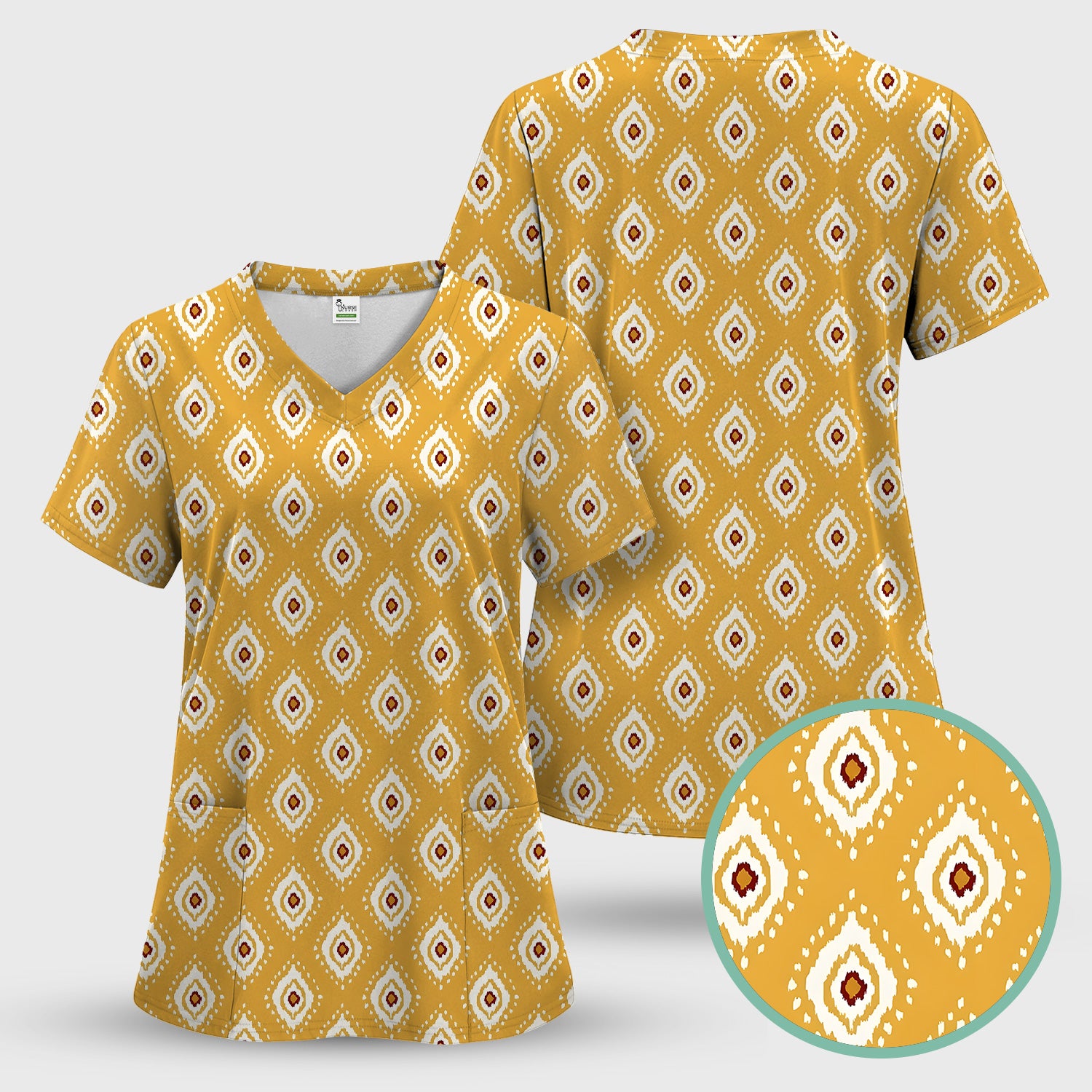 Cute Mustard Geometric Ikat Nurse Pattern Scrub Set, Scrub Pants and V Neck Top