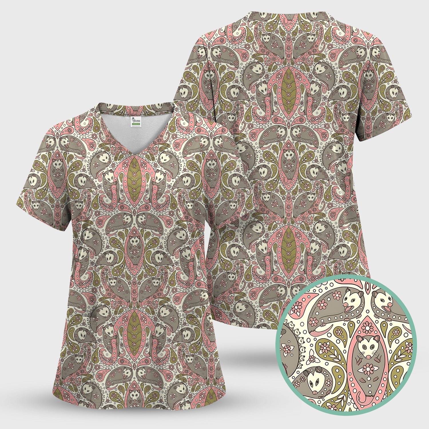 Opossum Paisley Pattern Scrub Top, Comfortable Scrubs for Nurses
