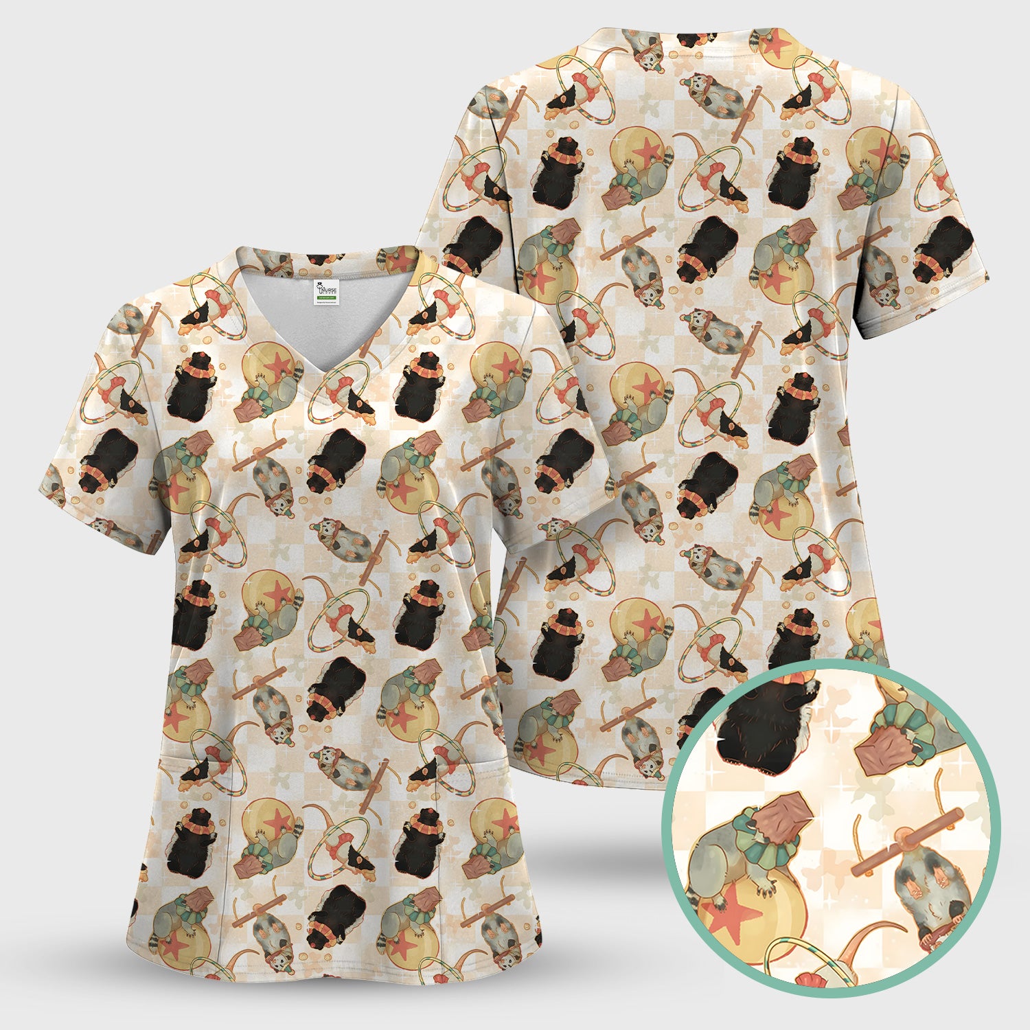 Cute Circus Animal Mouse Acrobat Pattern Scrub Top, Comfortable Scrubs for Nurses