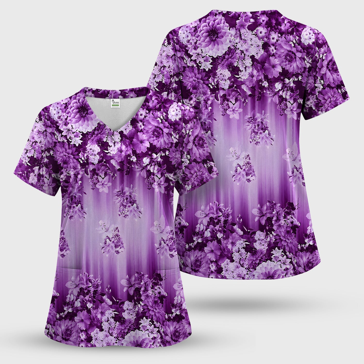 Purple Blossom Garden Pattern Scrub Top, Comfortable Scrubs for Nurses