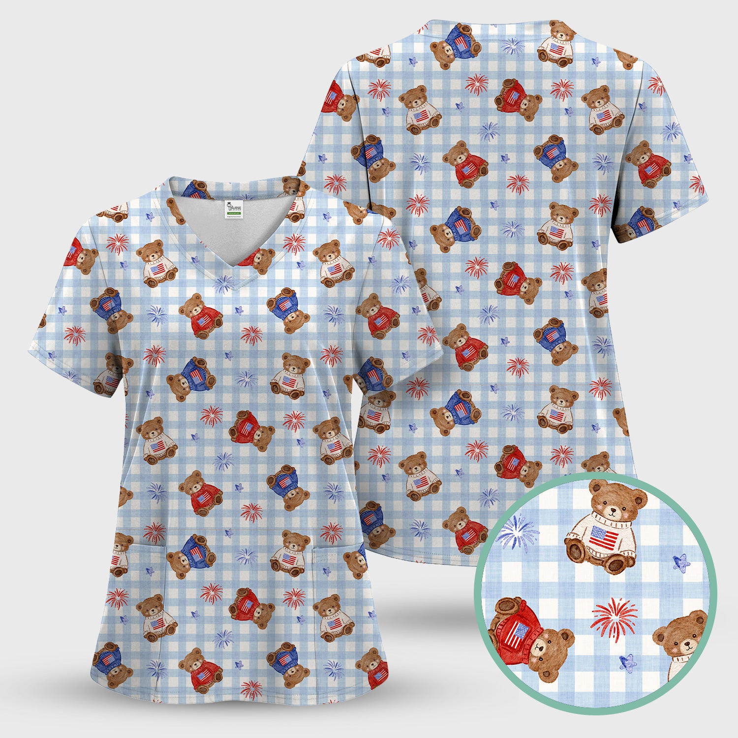 Cute Patriotic Teddy Bear Firework Gingham Pattern Scrub Set, Scrub Pants and V Neck Top