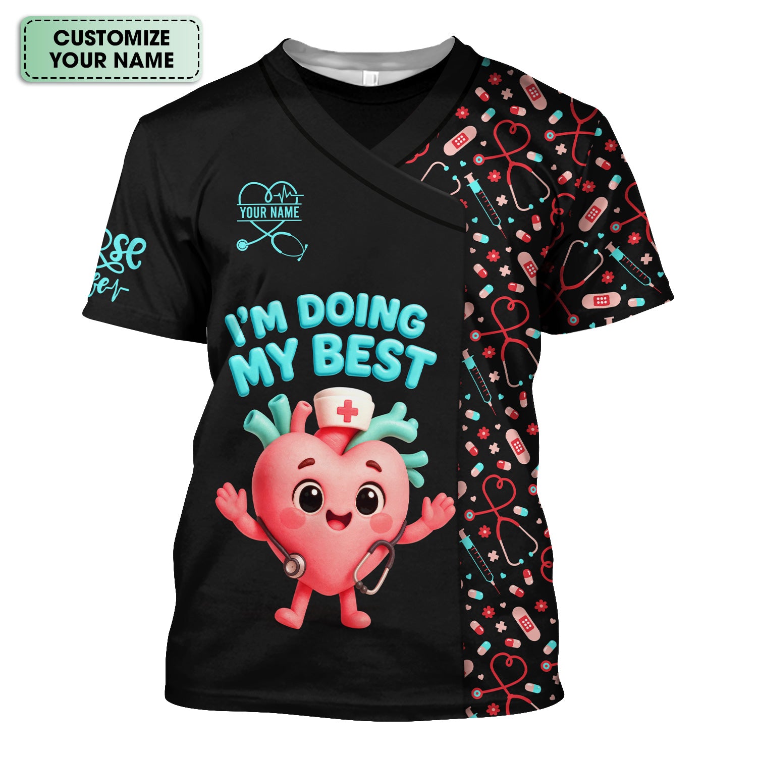 Funny Custom Nurse Scrub Top with Heart - I'm Doing My Best Quote & Cute Medical Icons - Personalized Gift for RN, LPN, CNA
