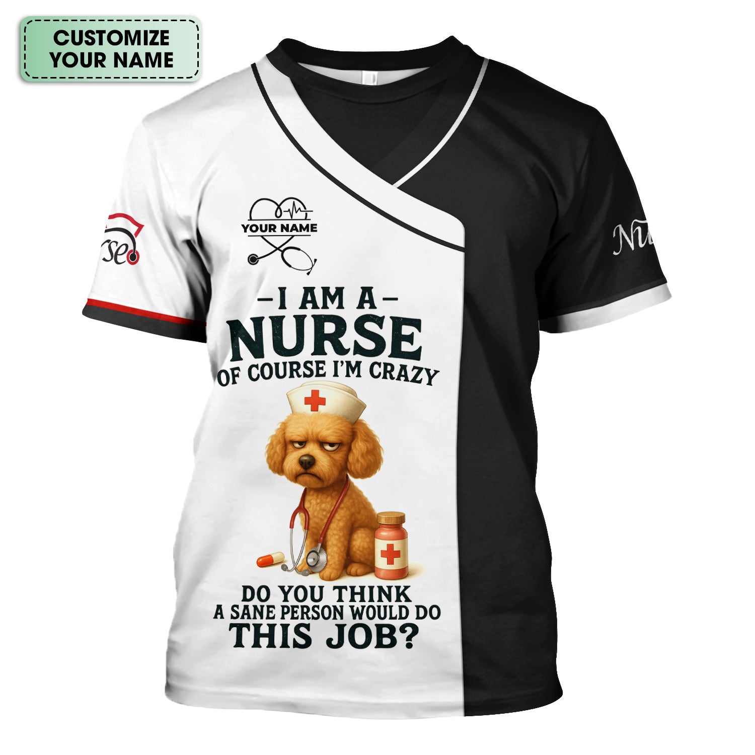 Personalized Nurse Scrub Top for Women RN LPN CNA - Custom Name Funny Grumpy Dog Saying Crazy Nurse Life Quote - Appreciation Gift for Healthcare Workers