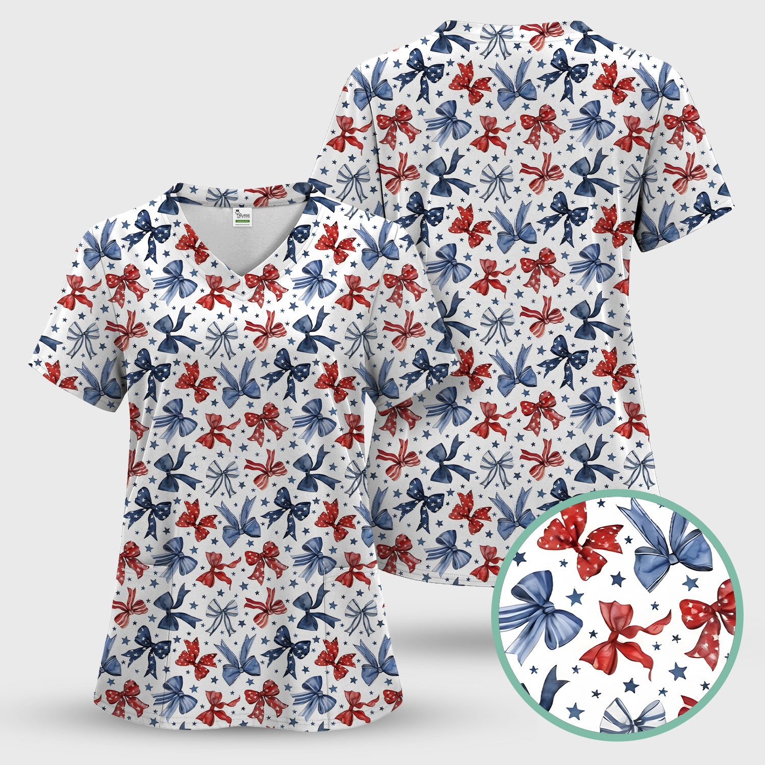 Patriotic Red Blue Ribbon Pattern Scrub Set, Scrub Pants and V Neck Top