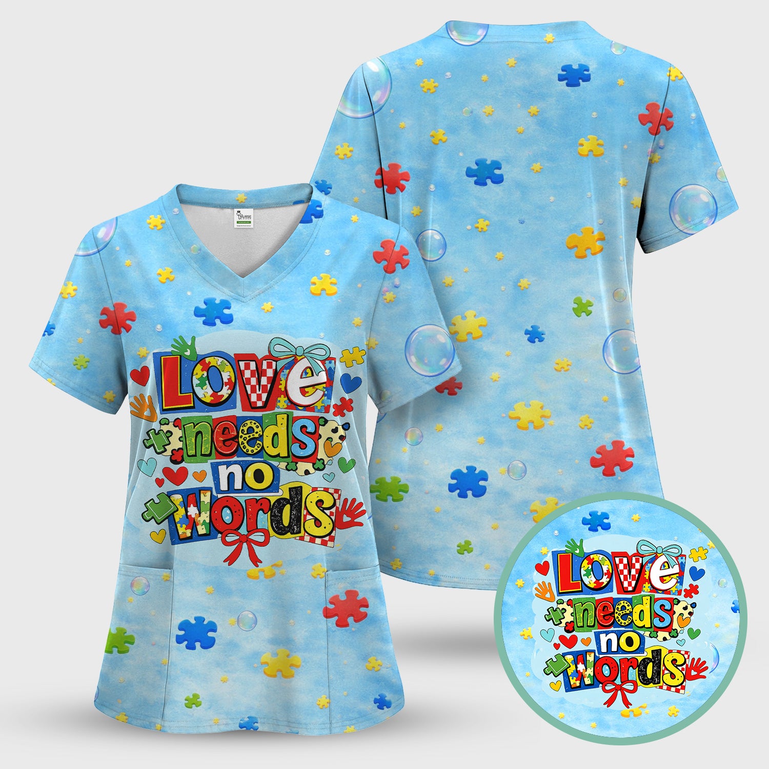 Autism Awareness Nurse Puzzle Love Needs No Words Pattern Scrub Set, Scrub Pants and V Neck Top